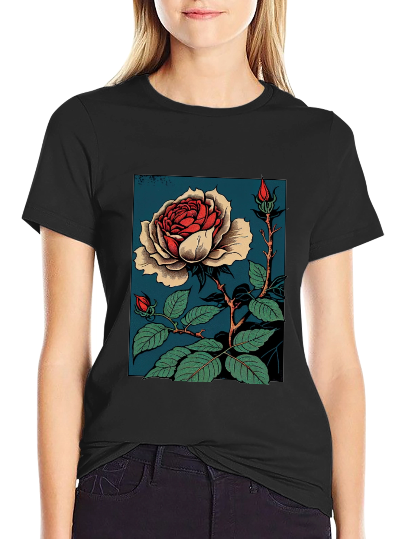 Black Elegant Rose Graphic T-Shirt - Black view 2