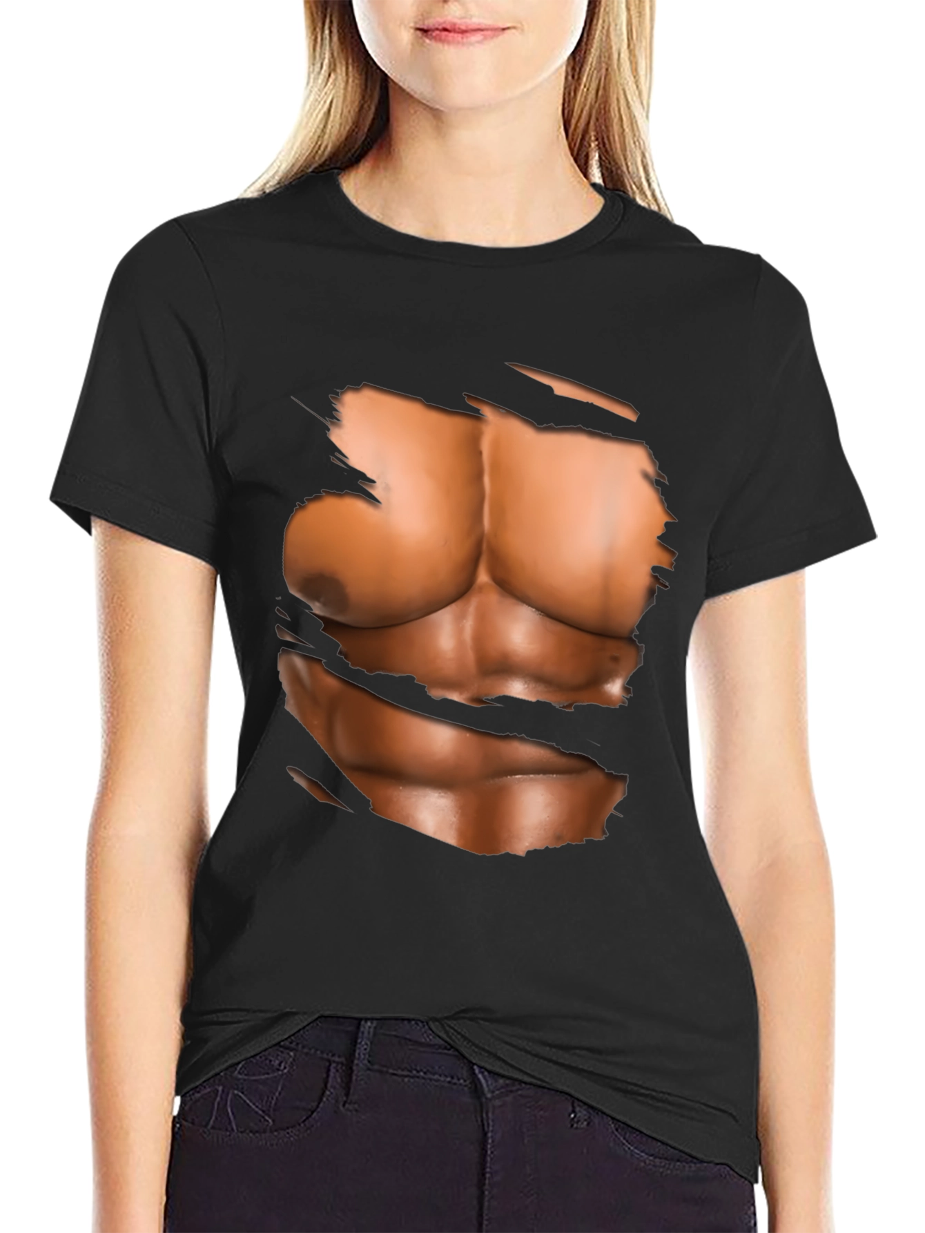 Black Ripped Abs Graphic T-Shirt - Novelty Muscle Design view 2
