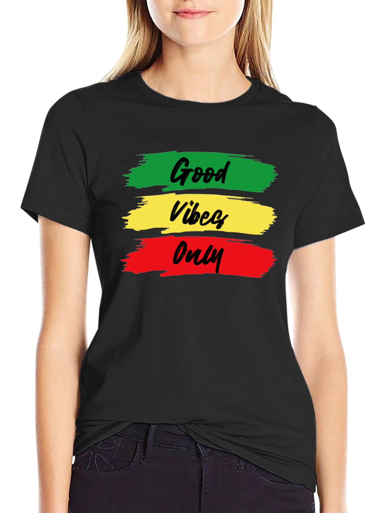 Black Good Vibes Only T-Shirt - Rasta Colors - Black Cotton view 2