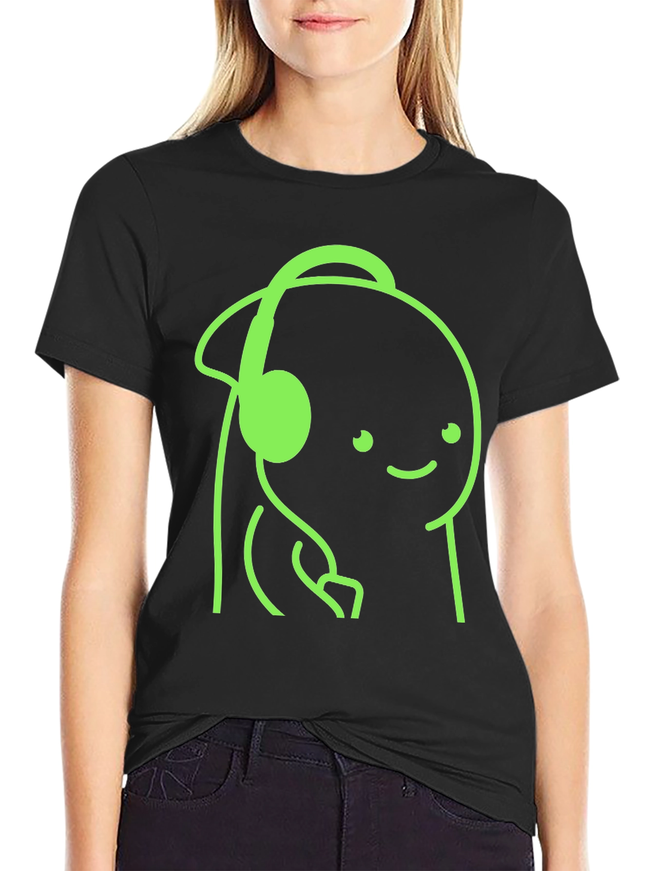 Black Cartoon Headphone Graphic Tee - Casual Style view 2