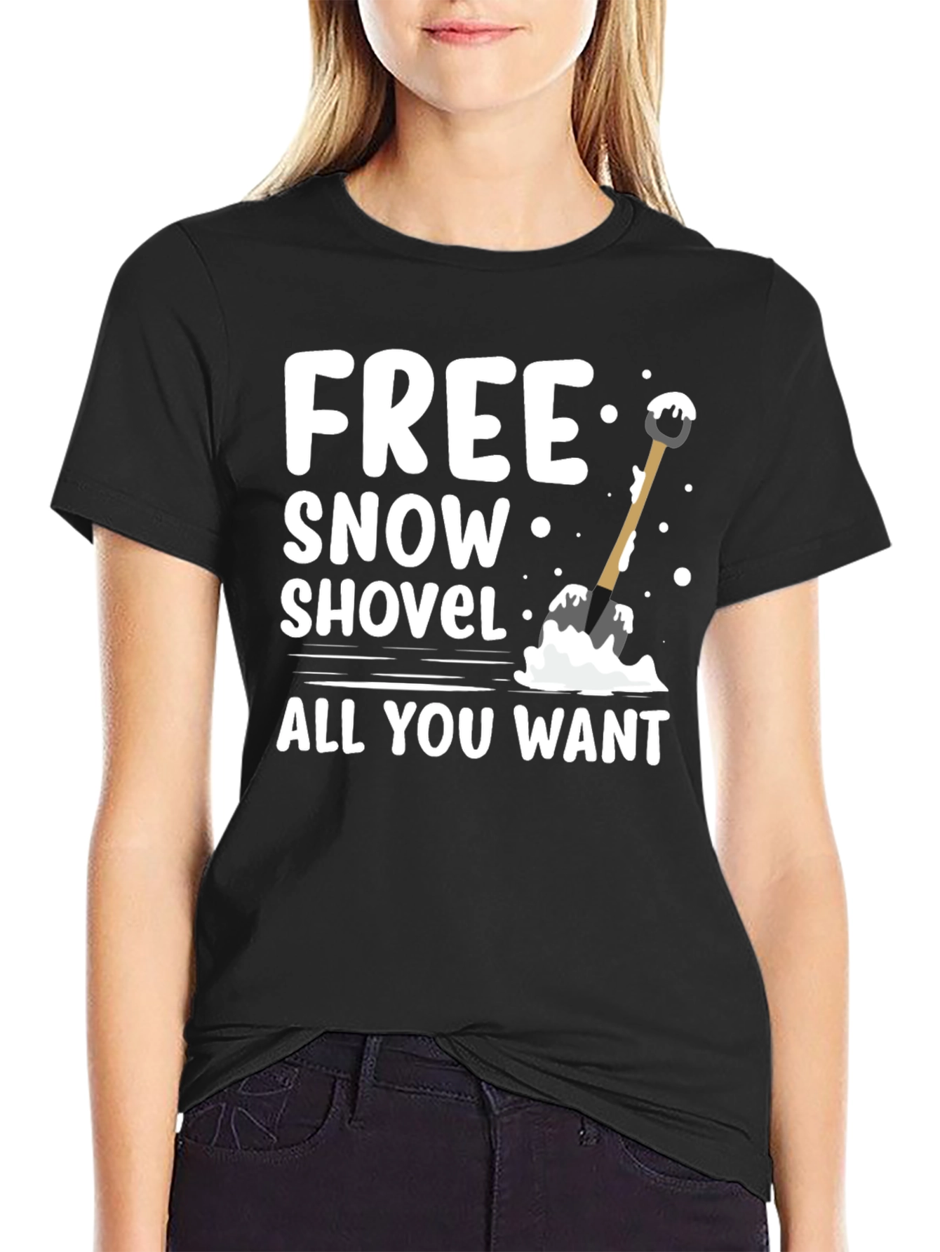 Black Free Snow Shovel T-Shirt - Winter Fun Graphic Tee view 2