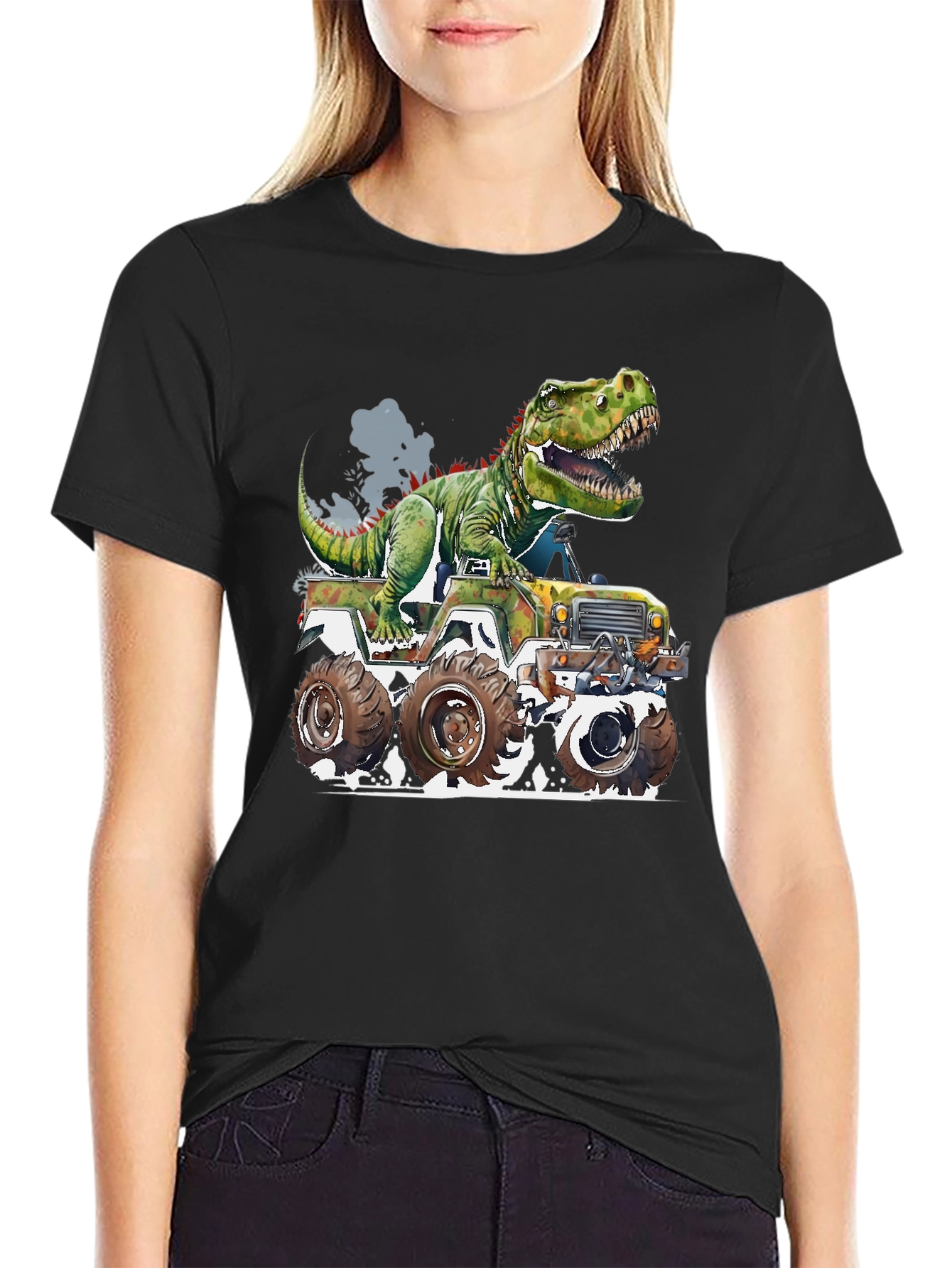 Black Dinosaur Monster Truck Graphic Tee view 2