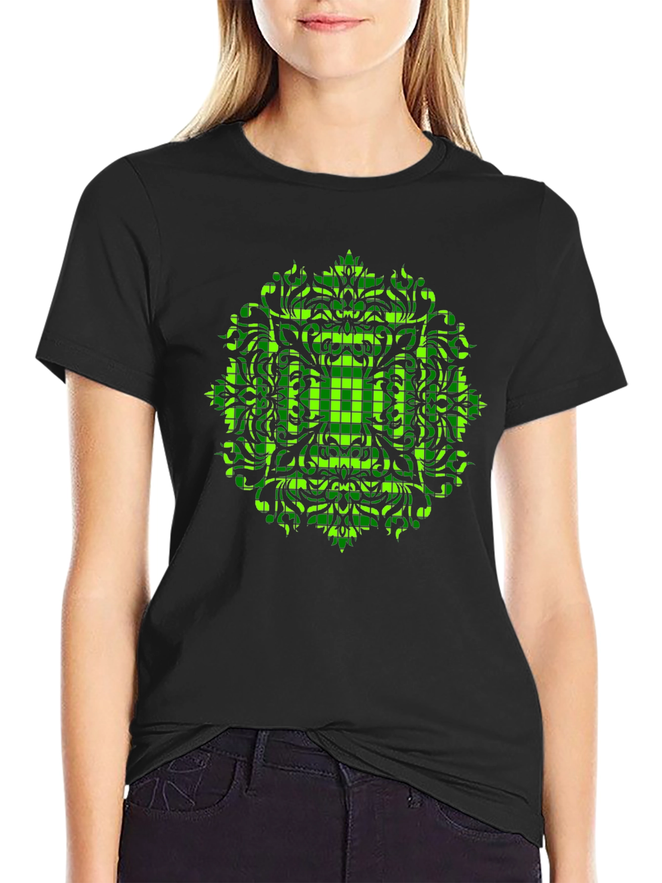 Black Geometric Green Mandala Graphic Black T-Shirt view 2