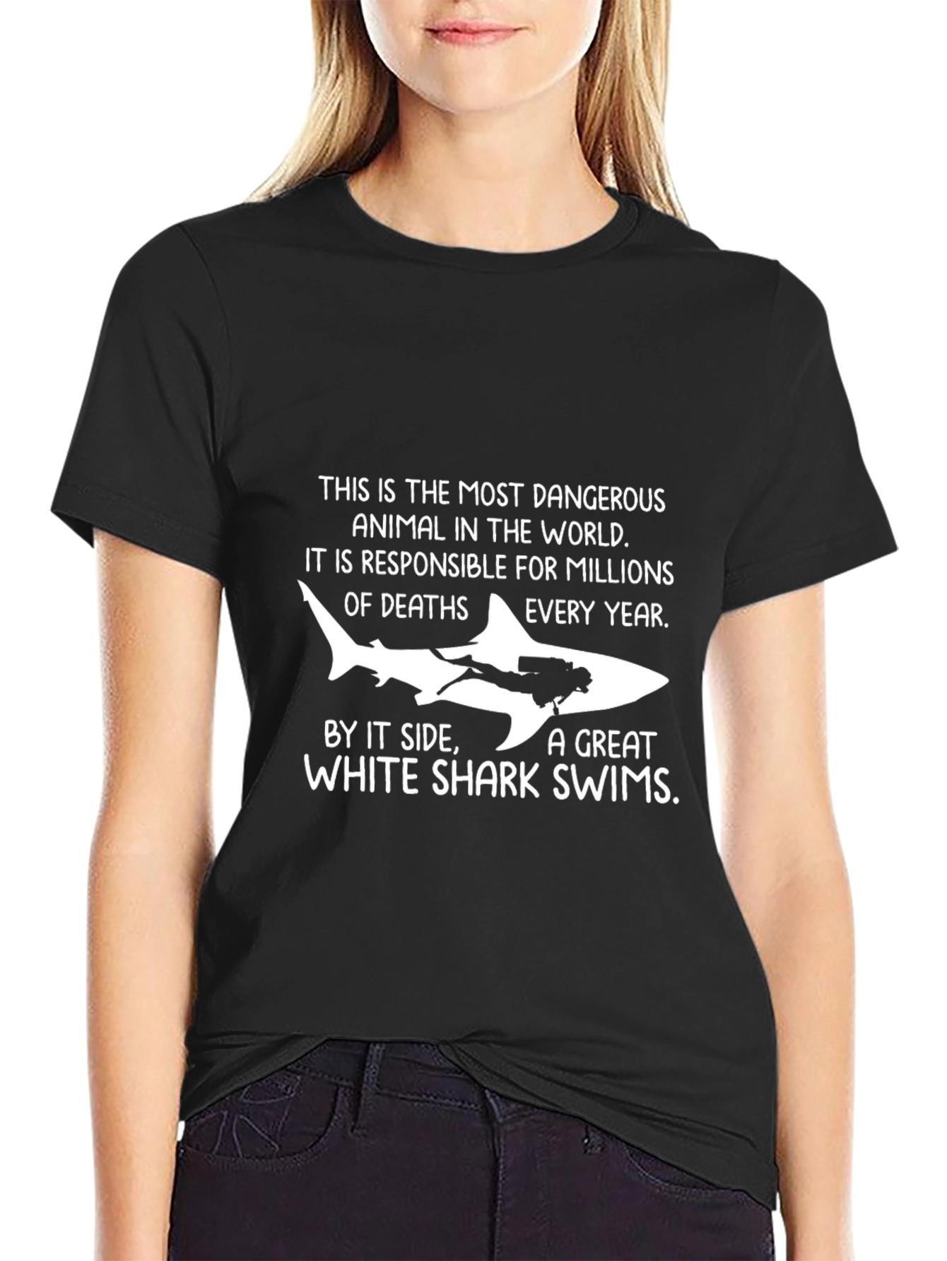 Black Dangerous Shark T-Shirt - Great White Diver Tee view 2