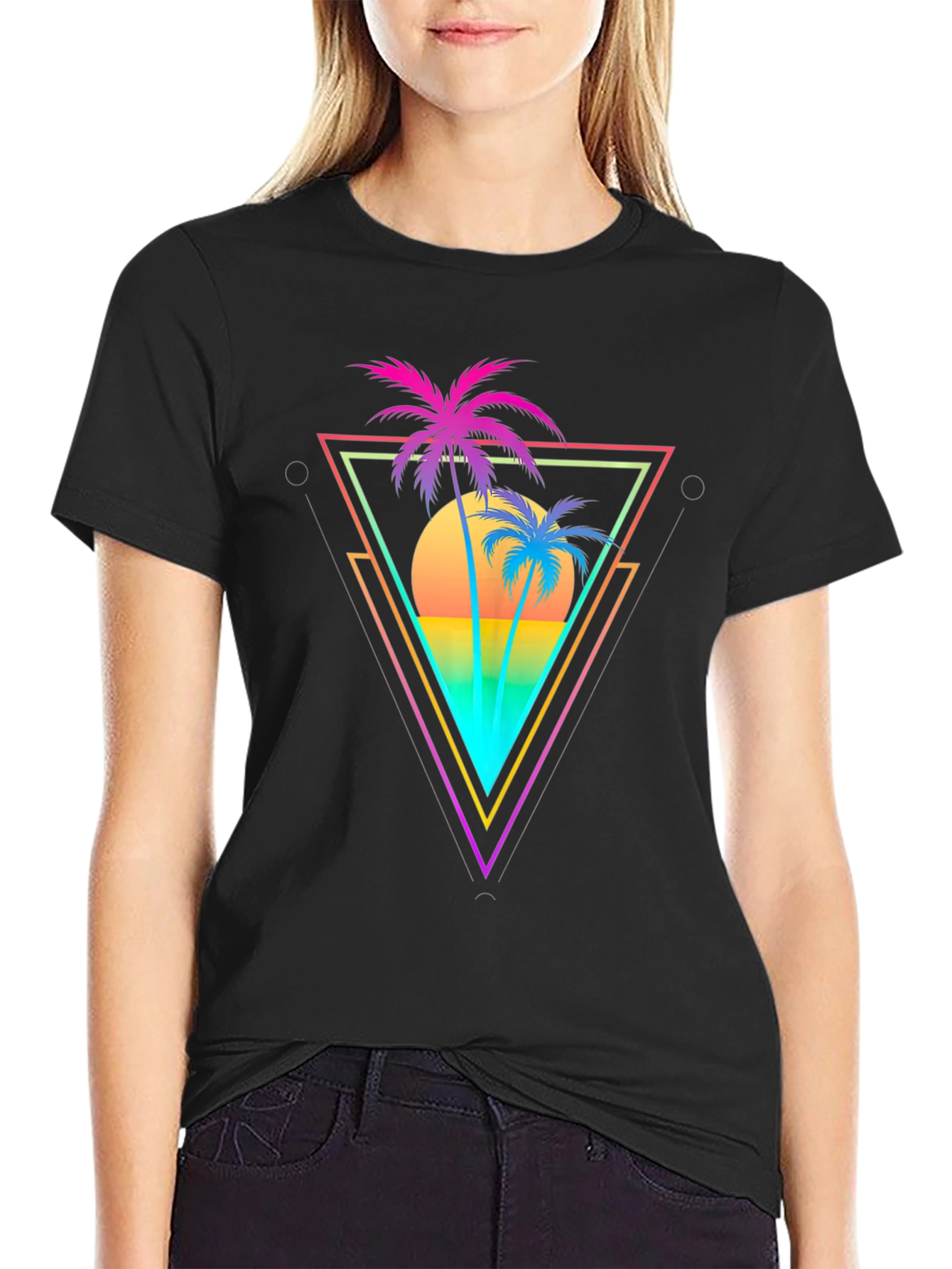 Black Retro Palm Tree Triangle Graphic T-Shirt view 2
