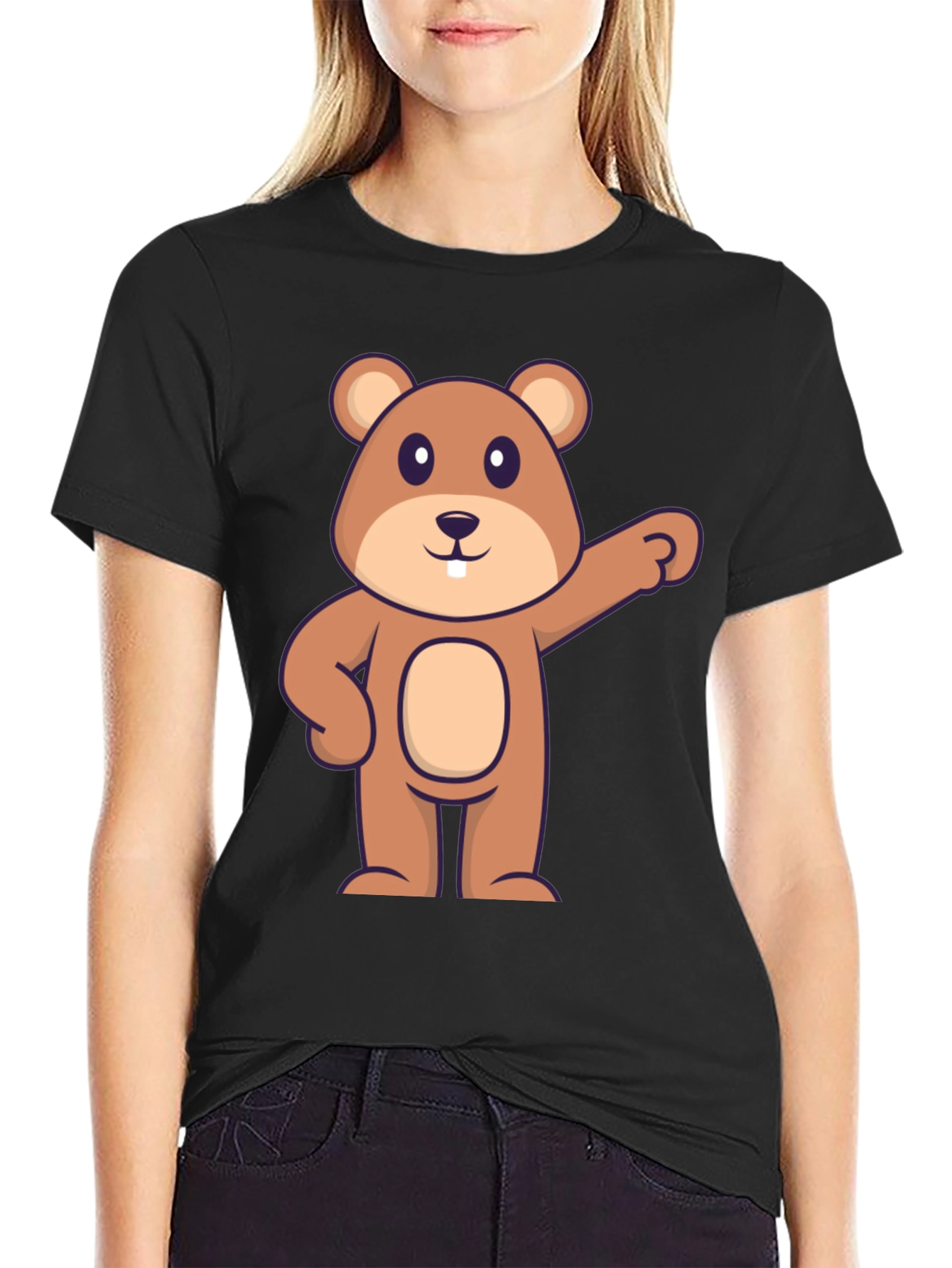 Black Cartoon Beaver Graphic Tee - Black Cotton view 2