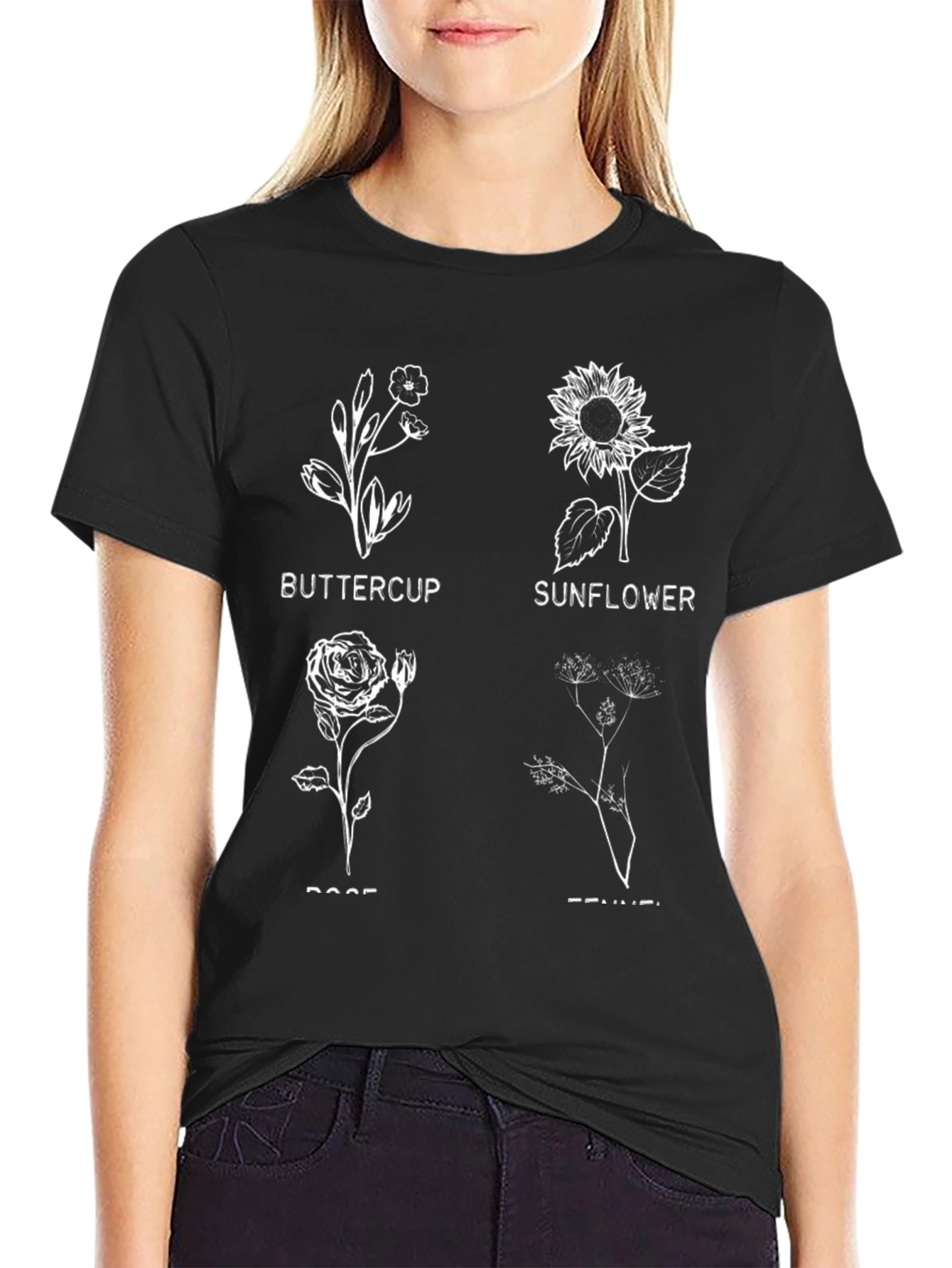 Botanical Print T-Shirt - Buttercup, Sunflower, Rose, Fennel - 2