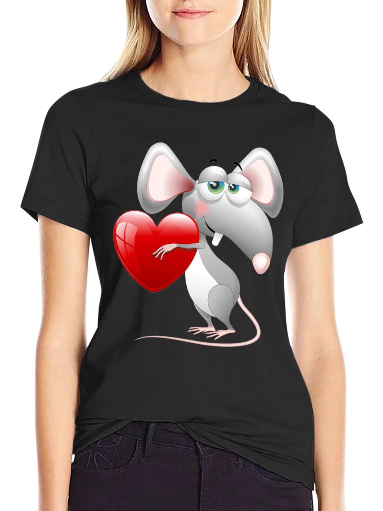 Black Cute Mouse with Heart Graphic Tee - Black view 2