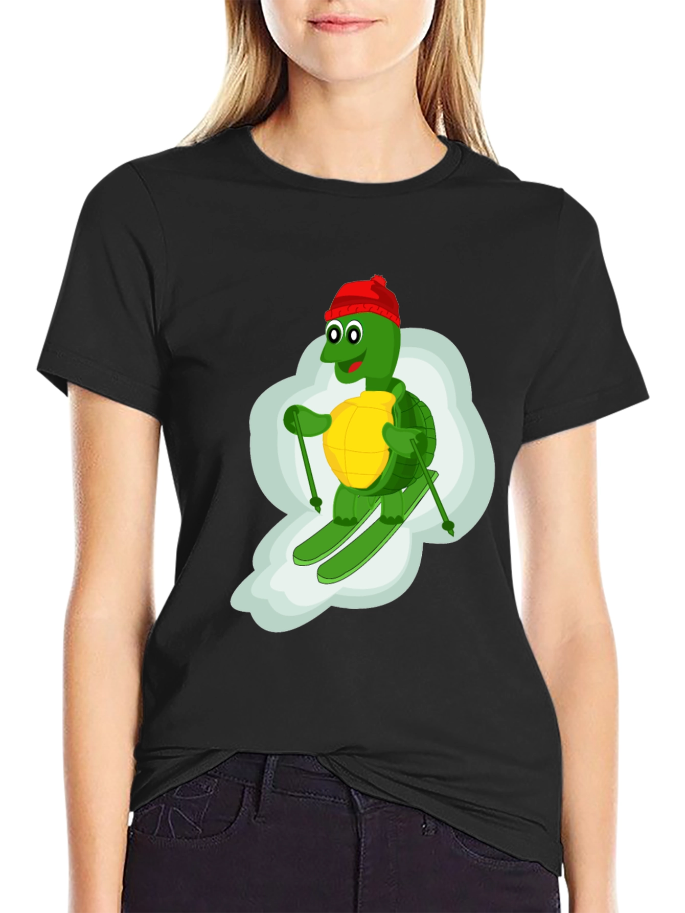 Black Skiing Turtle T-Shirt - Fun Cartoon Graphic Tee view 2