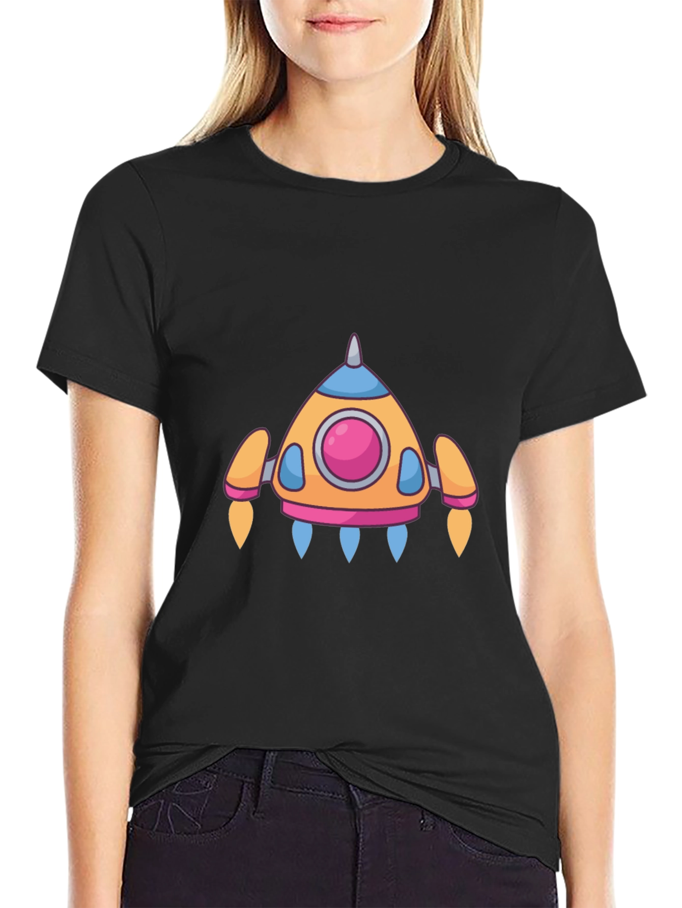 Black Cartoon Rocket T-Shirt - Soft Cotton Blend view 2
