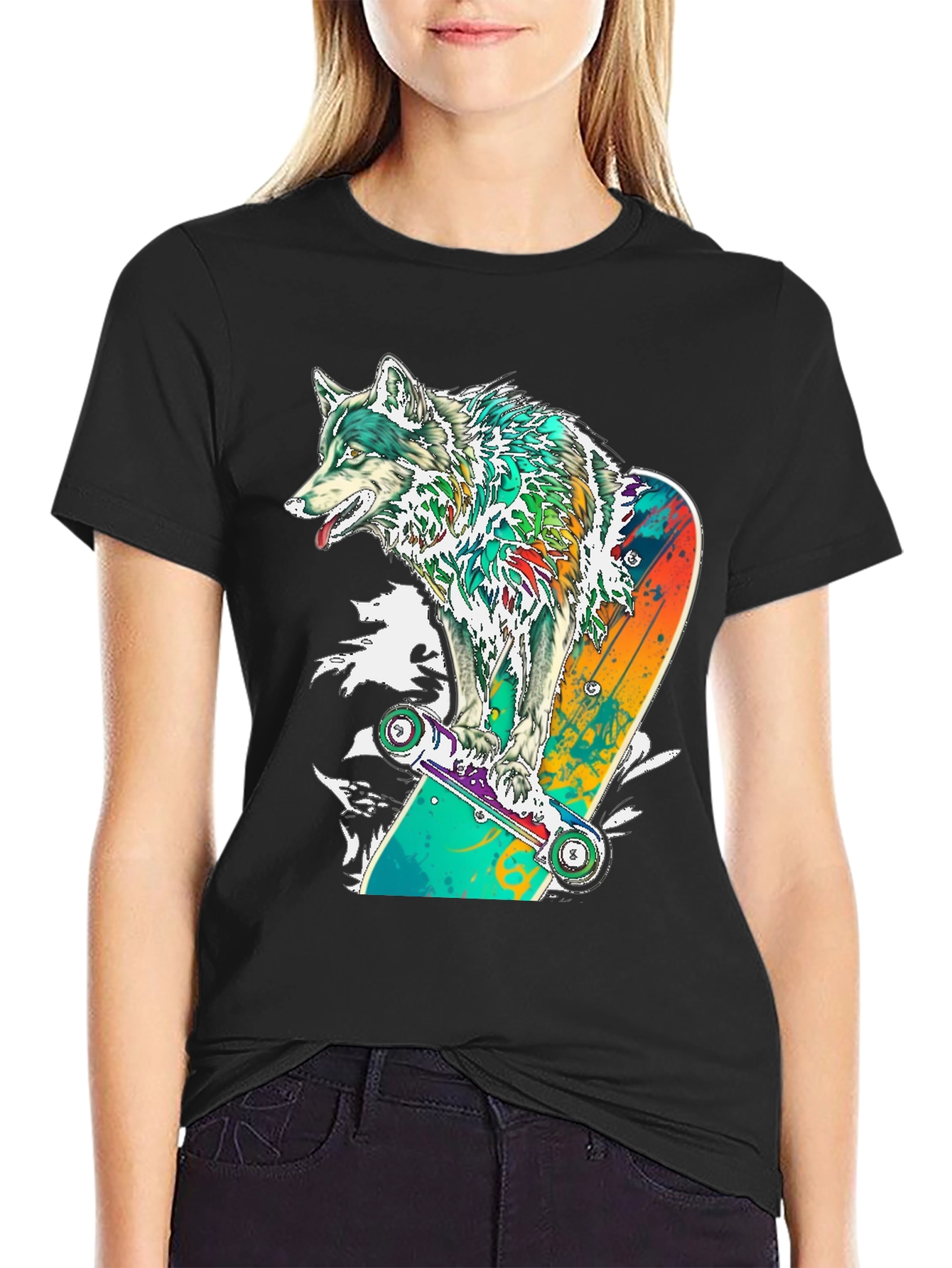 Black Wolf Skateboard Graphic T-Shirt - Cool Animal Tee view 2