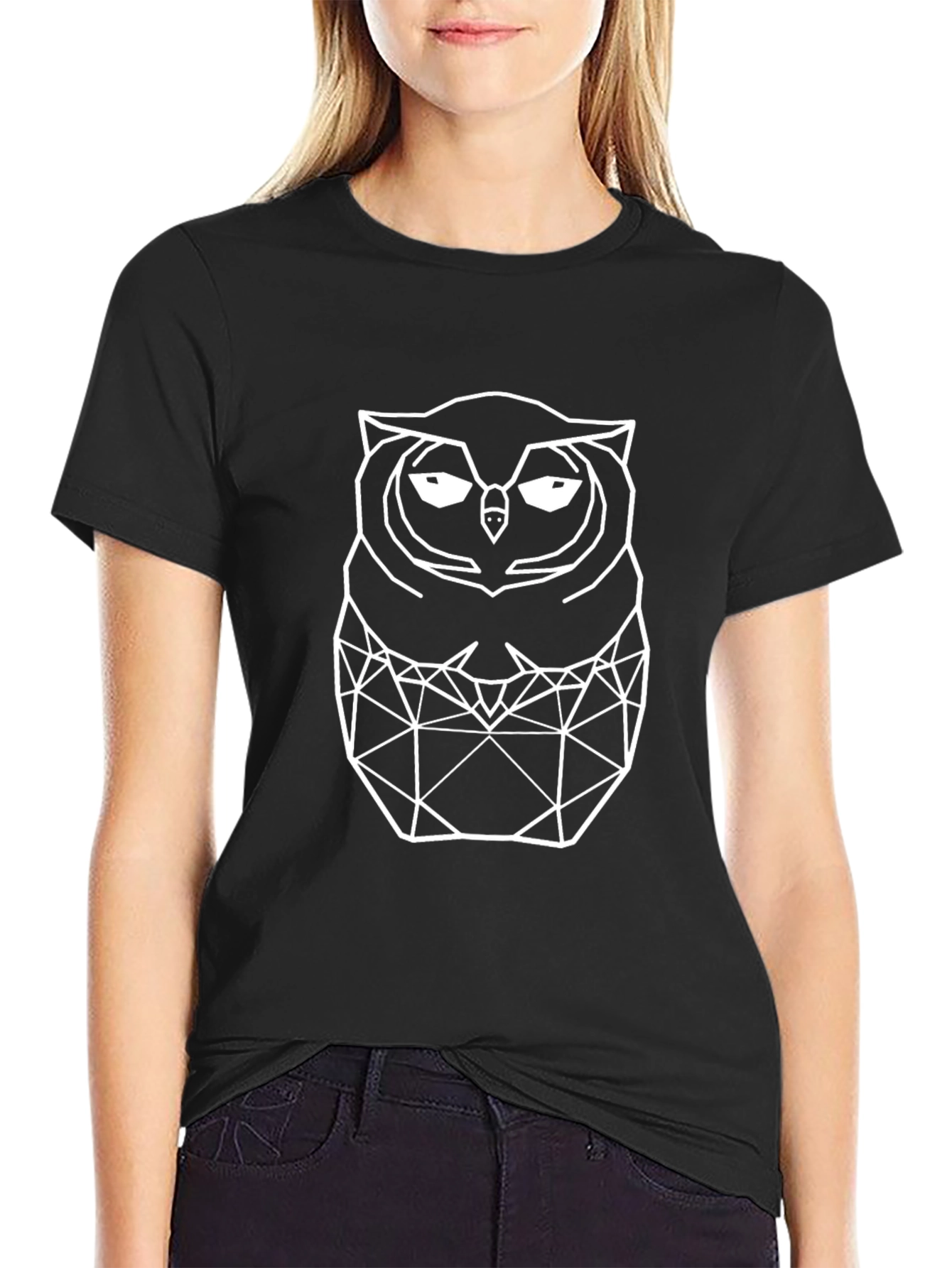 Black Geometric Owl Graphic Tee - Black Cotton T-Shirt view 2
