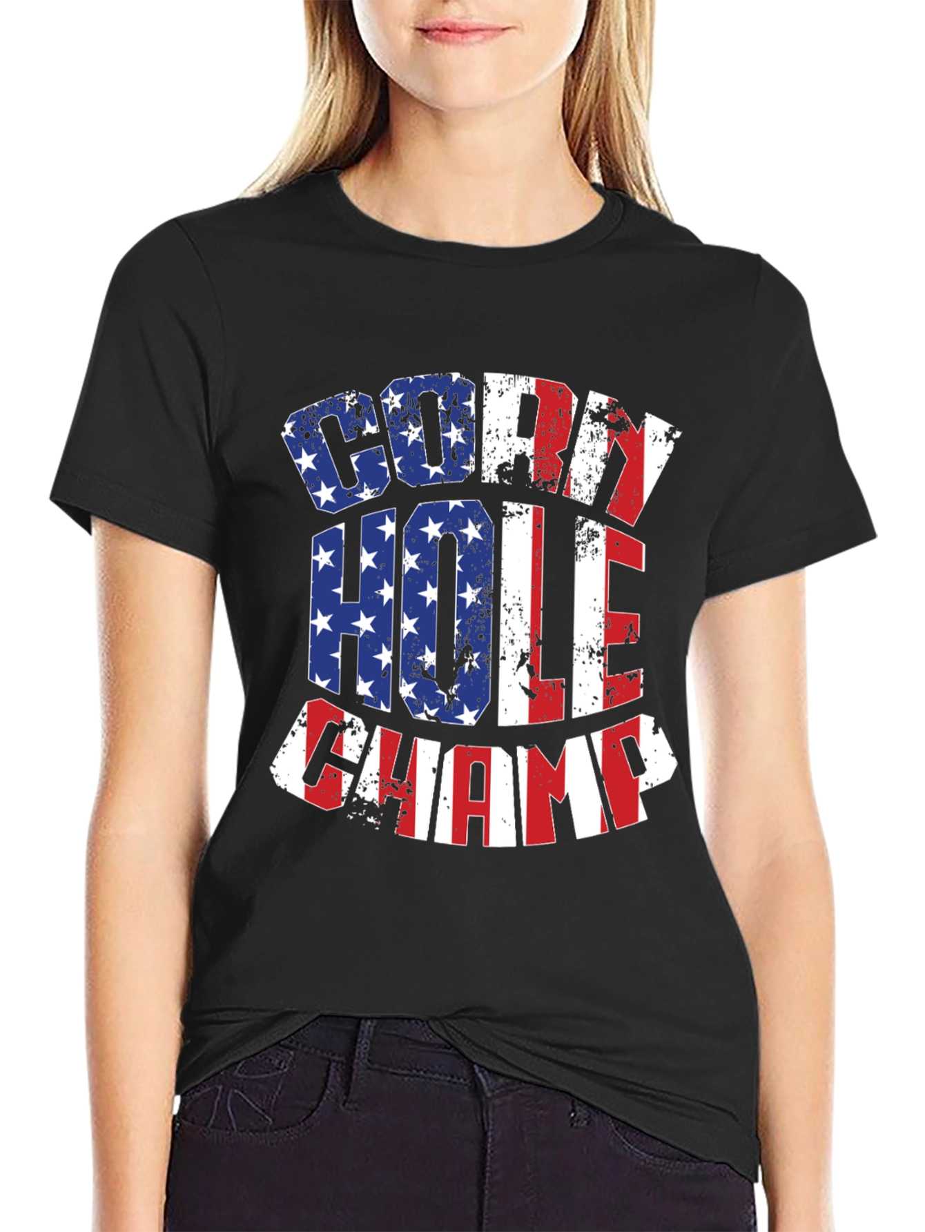 Black Cornhole Champ USA Flag T-Shirt view 2