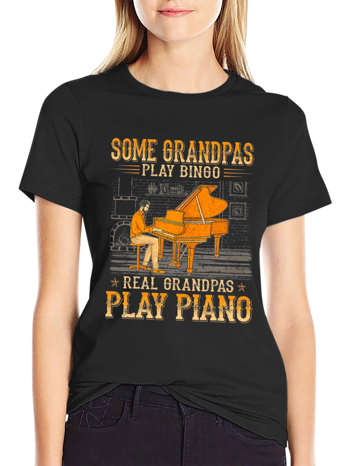 Black Grandpa Piano Player Graphic Tee - Cool Grandparent Gift view 2