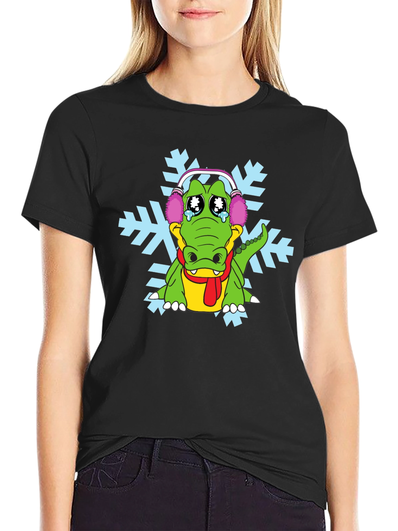 Black Sad Alligator Snowflake Graphic T-Shirt view 2