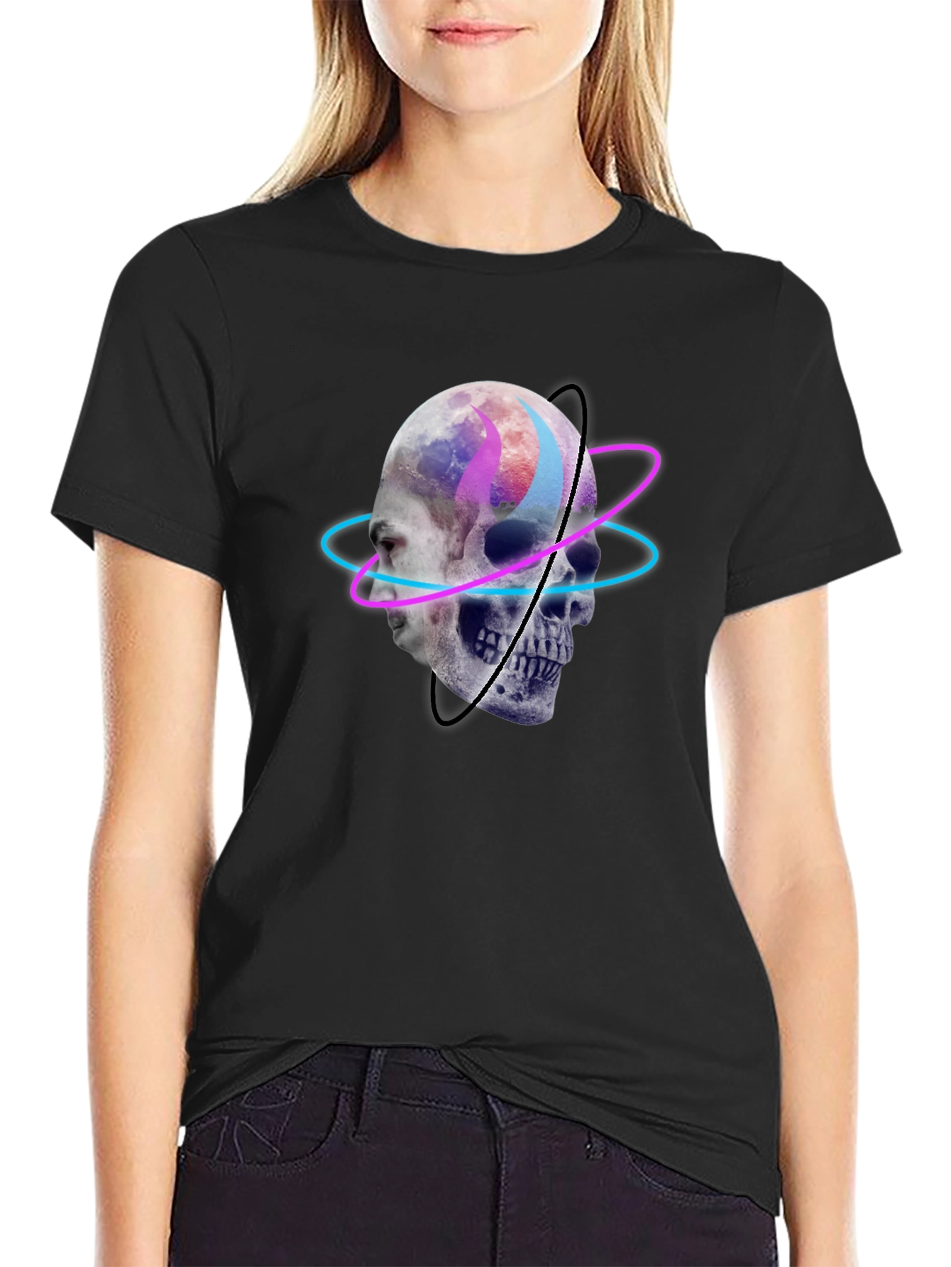 Black Skull Graphic Tee - Neon Orbit Design view 2