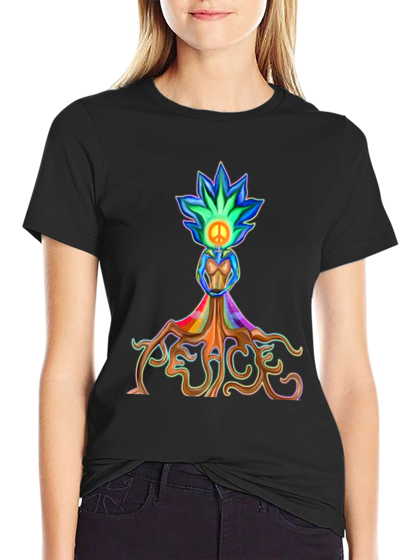 Black Peace Tree T-Shirt - Colorful Graphic Tee view 2