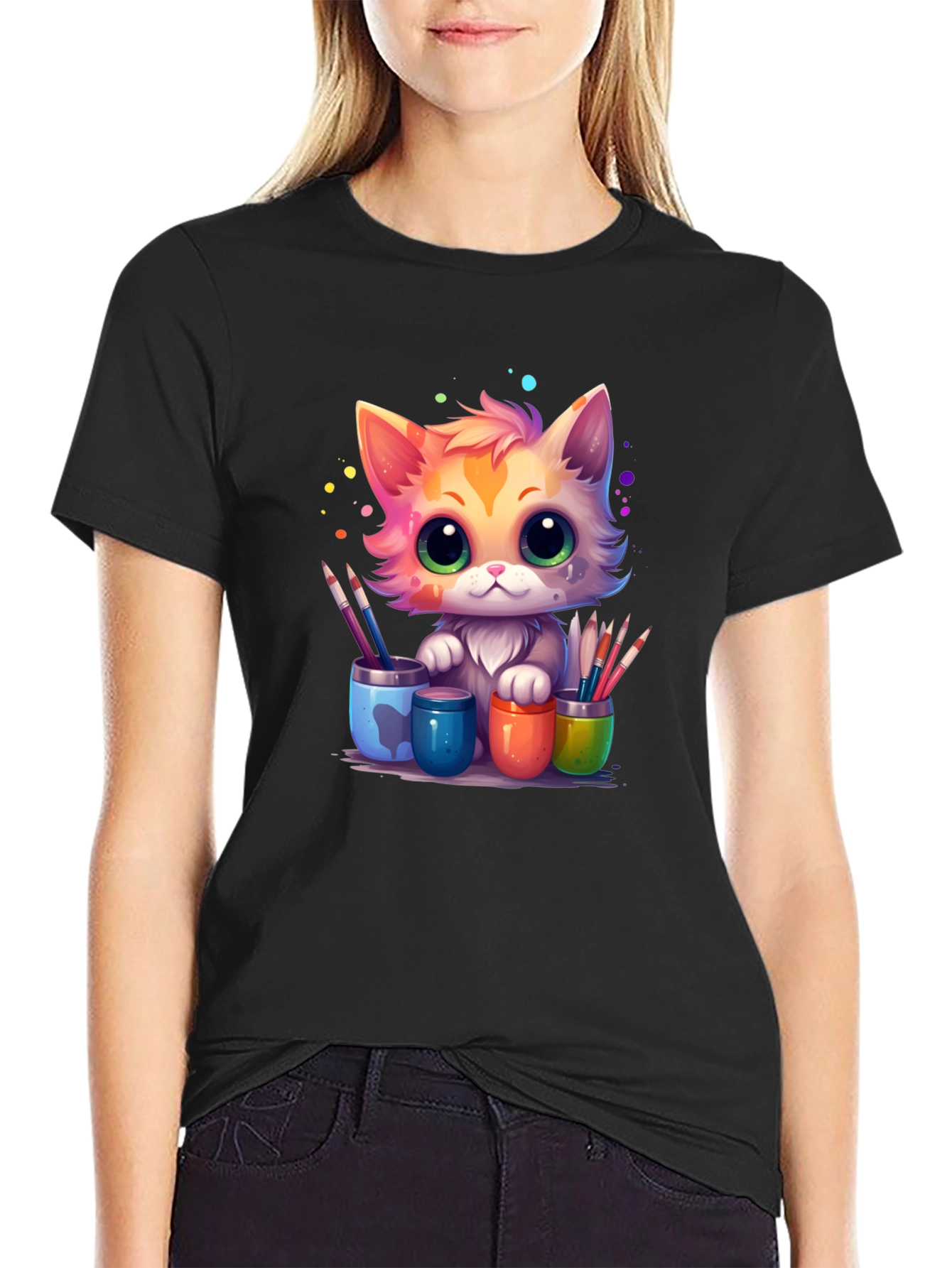 Black Artist Cat T-Shirt - Cute & Colorful Design view 2