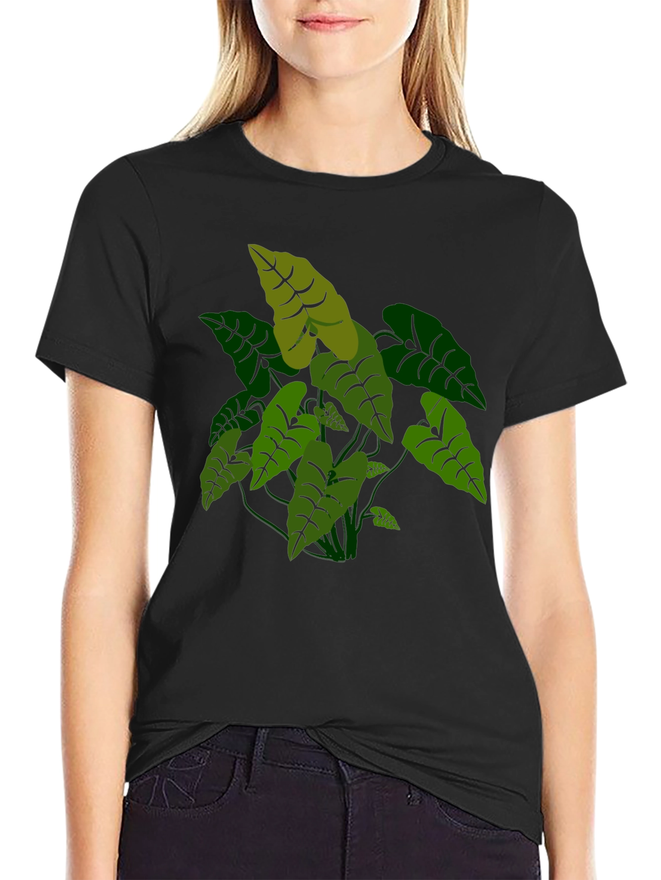 Black Tropical Plant Graphic Tee - Black Cotton T-Shirt view 2