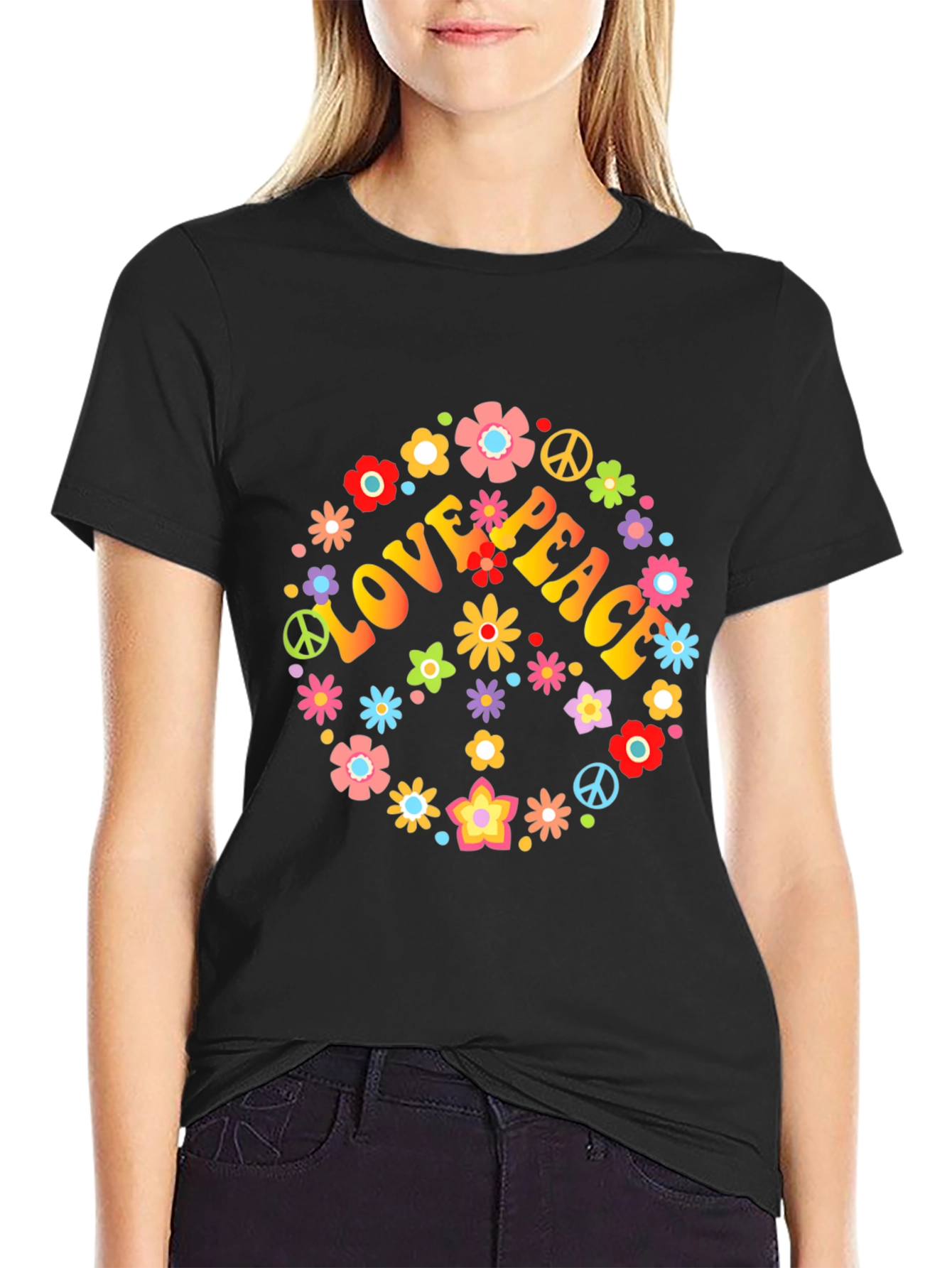 Black Love Peace Floral T-Shirt - Retro Hippie Style view 2