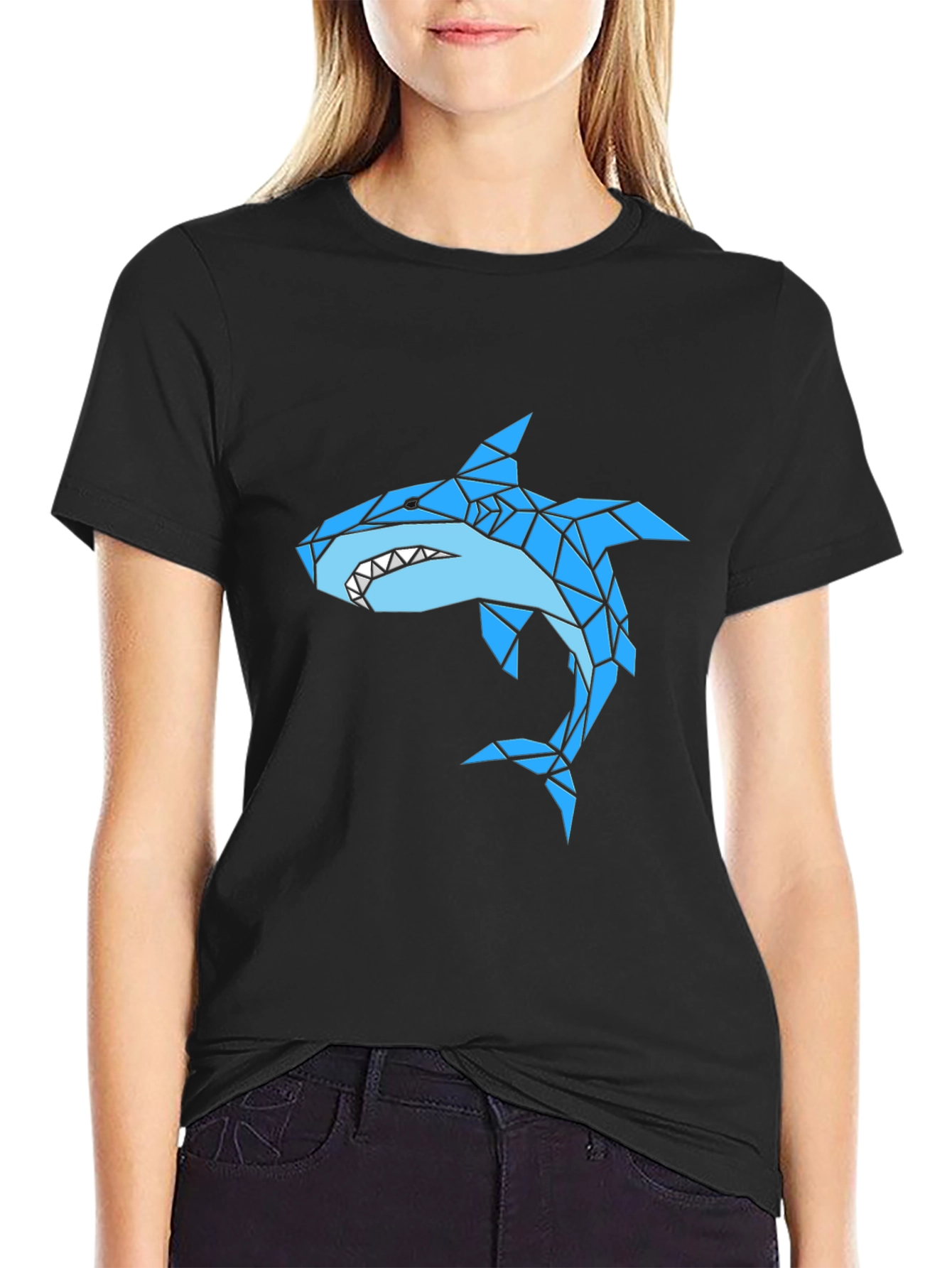 Black Geometric Shark Graphic Black T-Shirt view 2