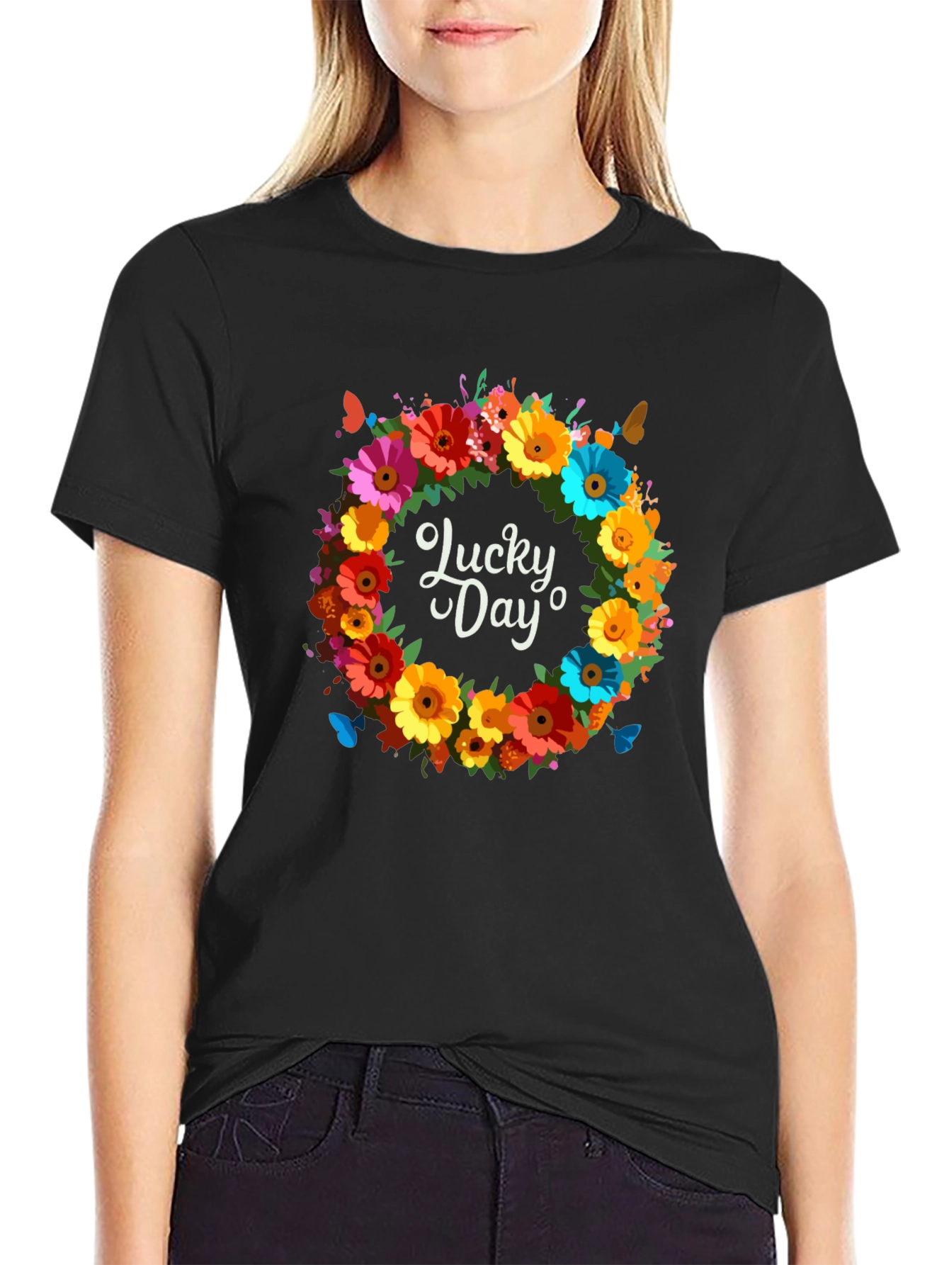 Black Lucky Day Floral Wreath Graphic Tee view 2