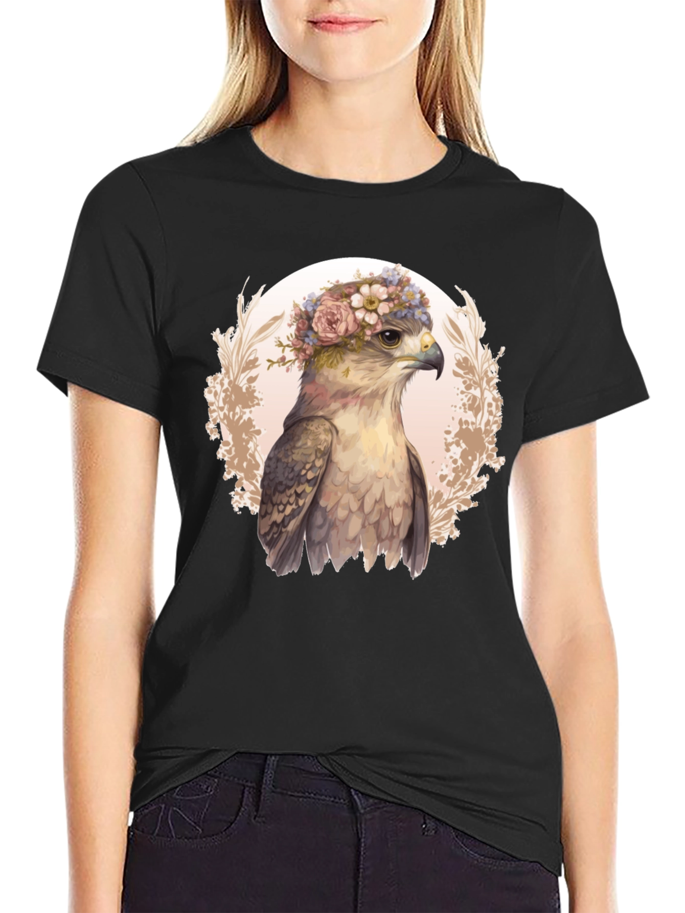 Black Floral Hawk Graphic Tee - Unique Bird T-Shirt view 2