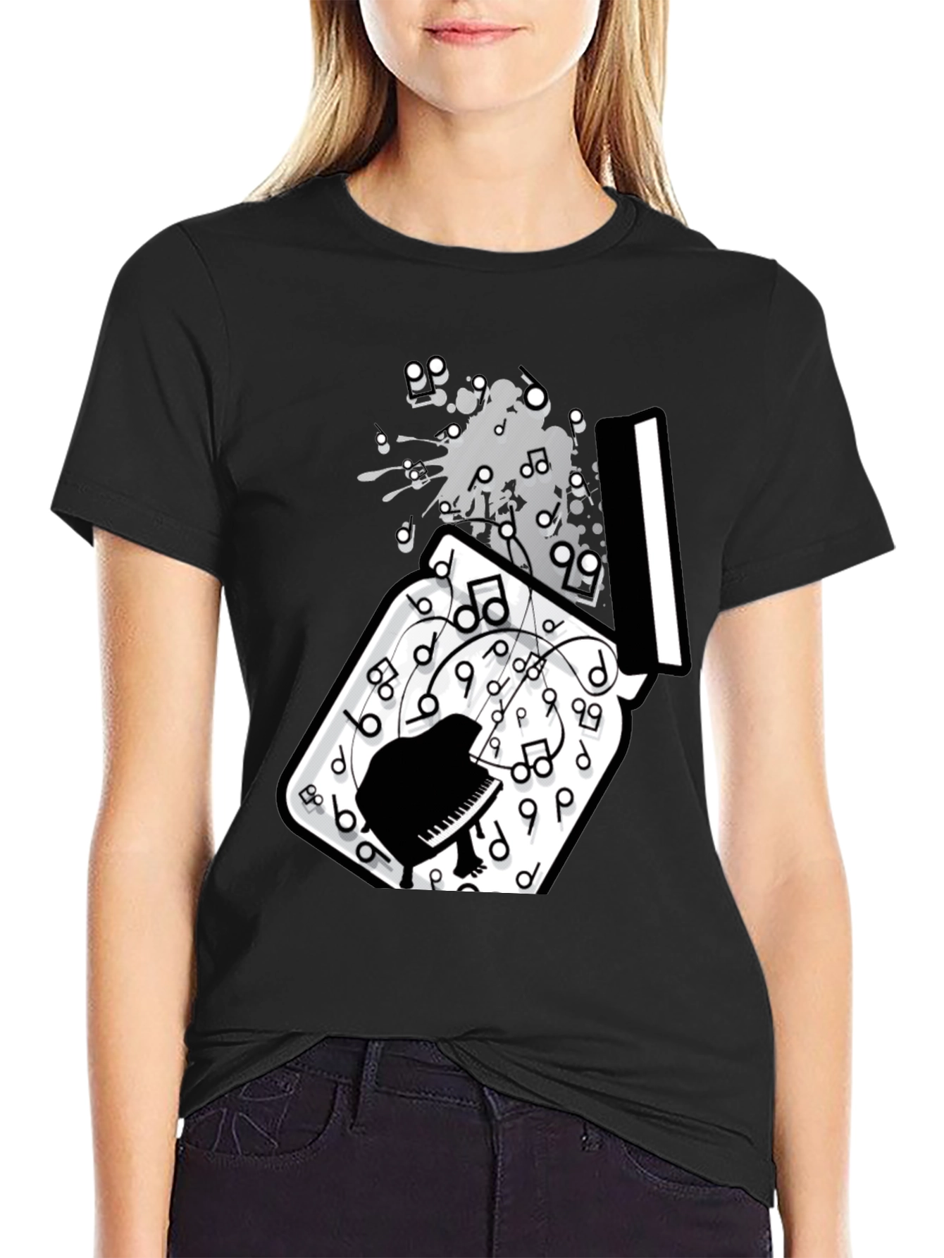 Black Piano Music Notes T-Shirt view 2
