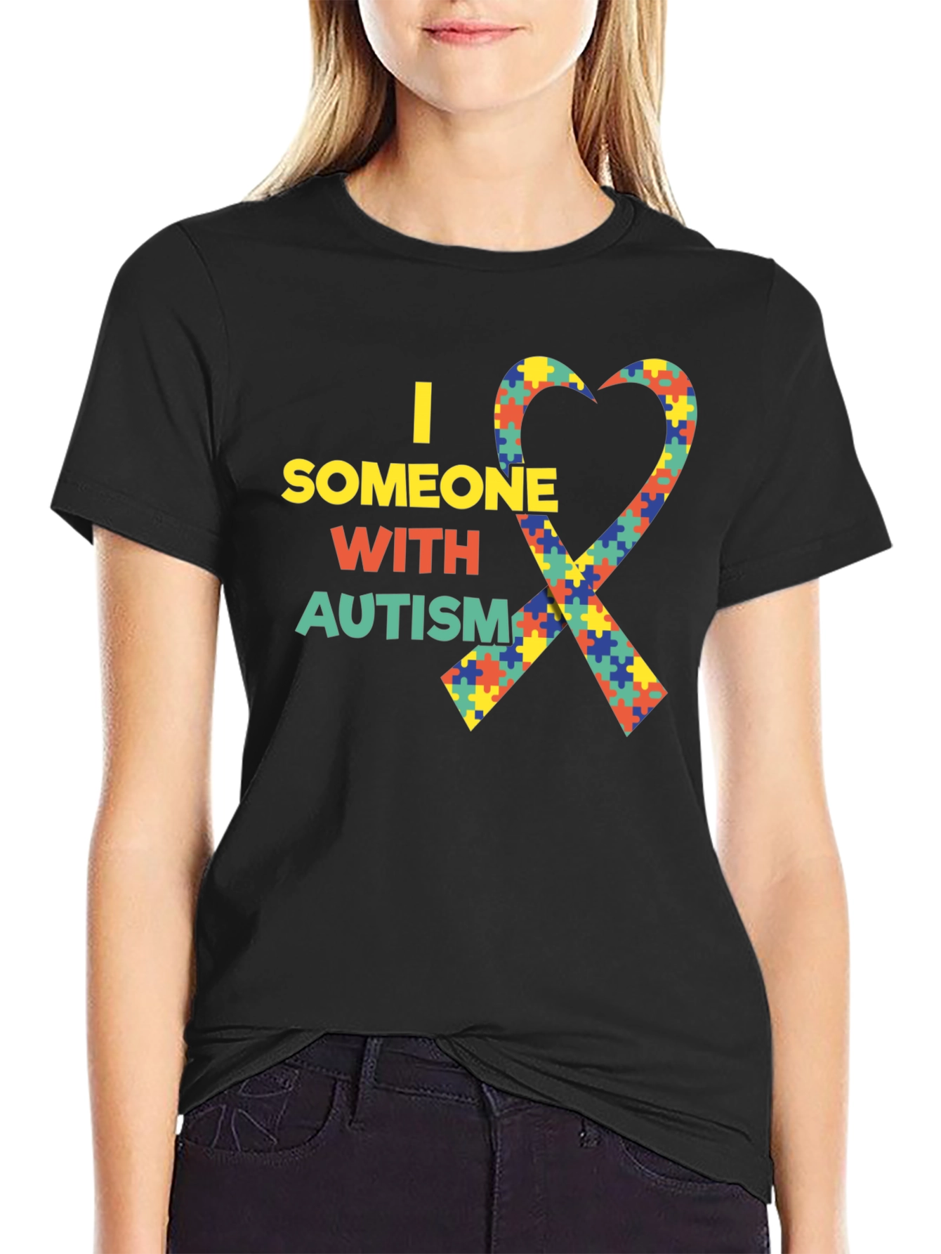 Black Autism Awareness Heart Ribbon Black T-Shirt view 2
