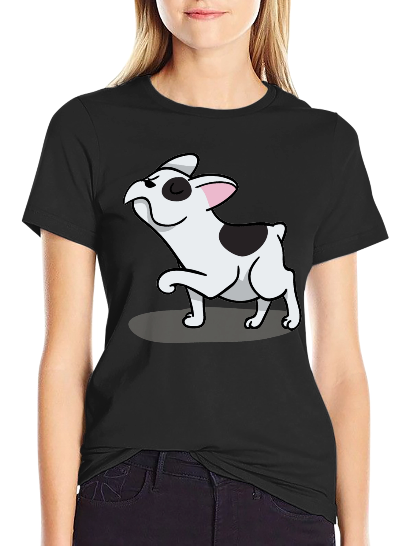 Black Black Tee with Cute Cartoon French Bulldog Design view 2