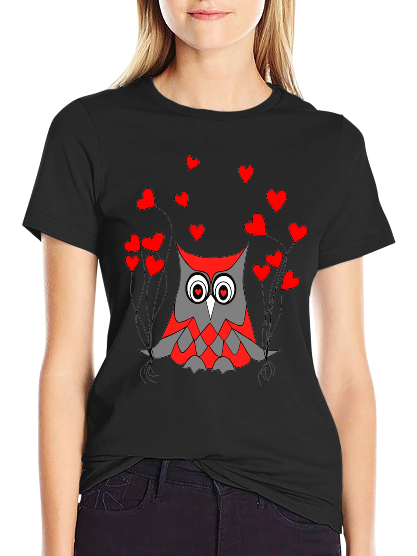 Black Owl Love Graphic Tee - Black Crew Neck T-Shirt view 2