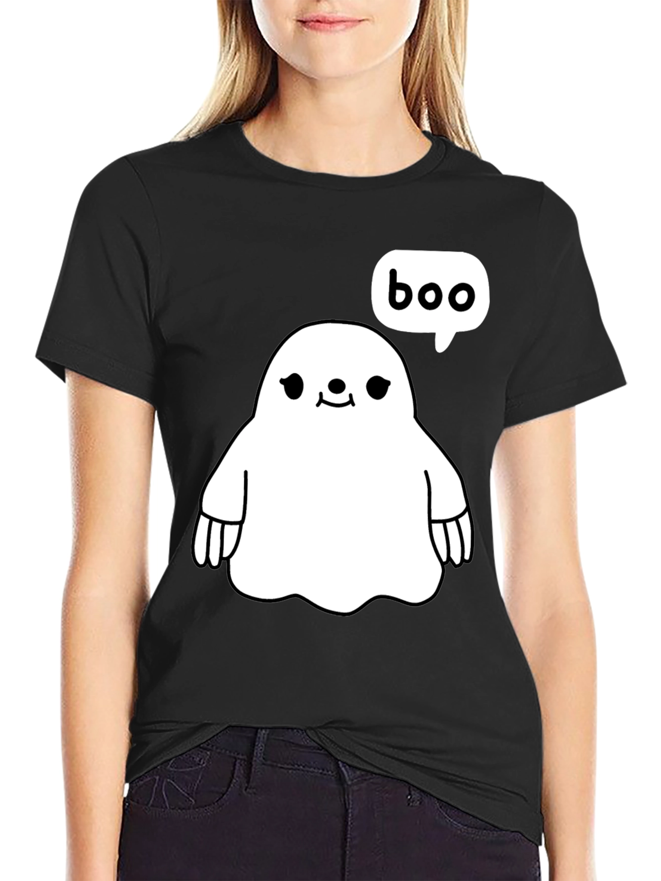 Black Cute Ghost Boo Halloween Black T-Shirt view 2