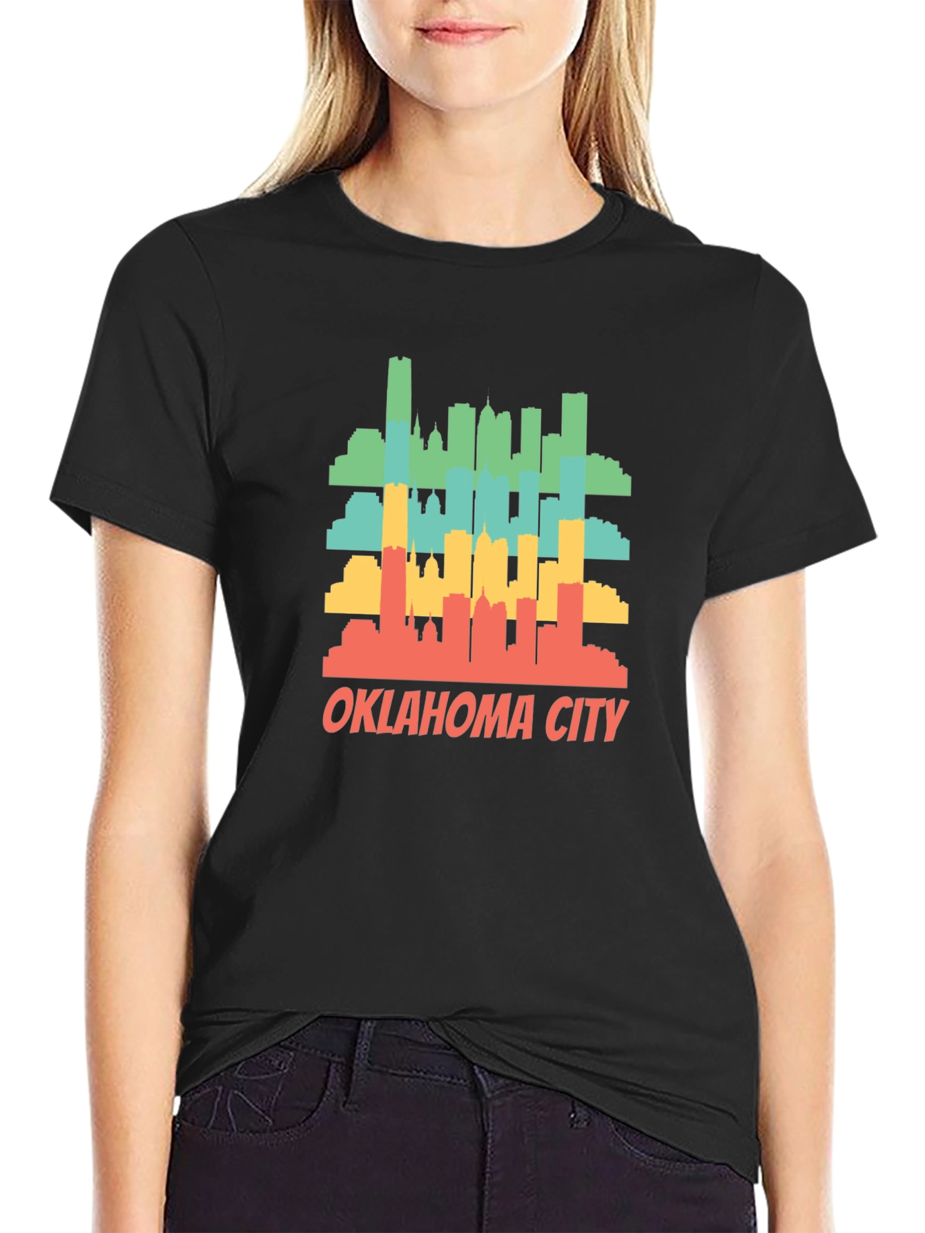 Black Oklahoma City Skyline T-Shirt Retro Style Black Tee view 2