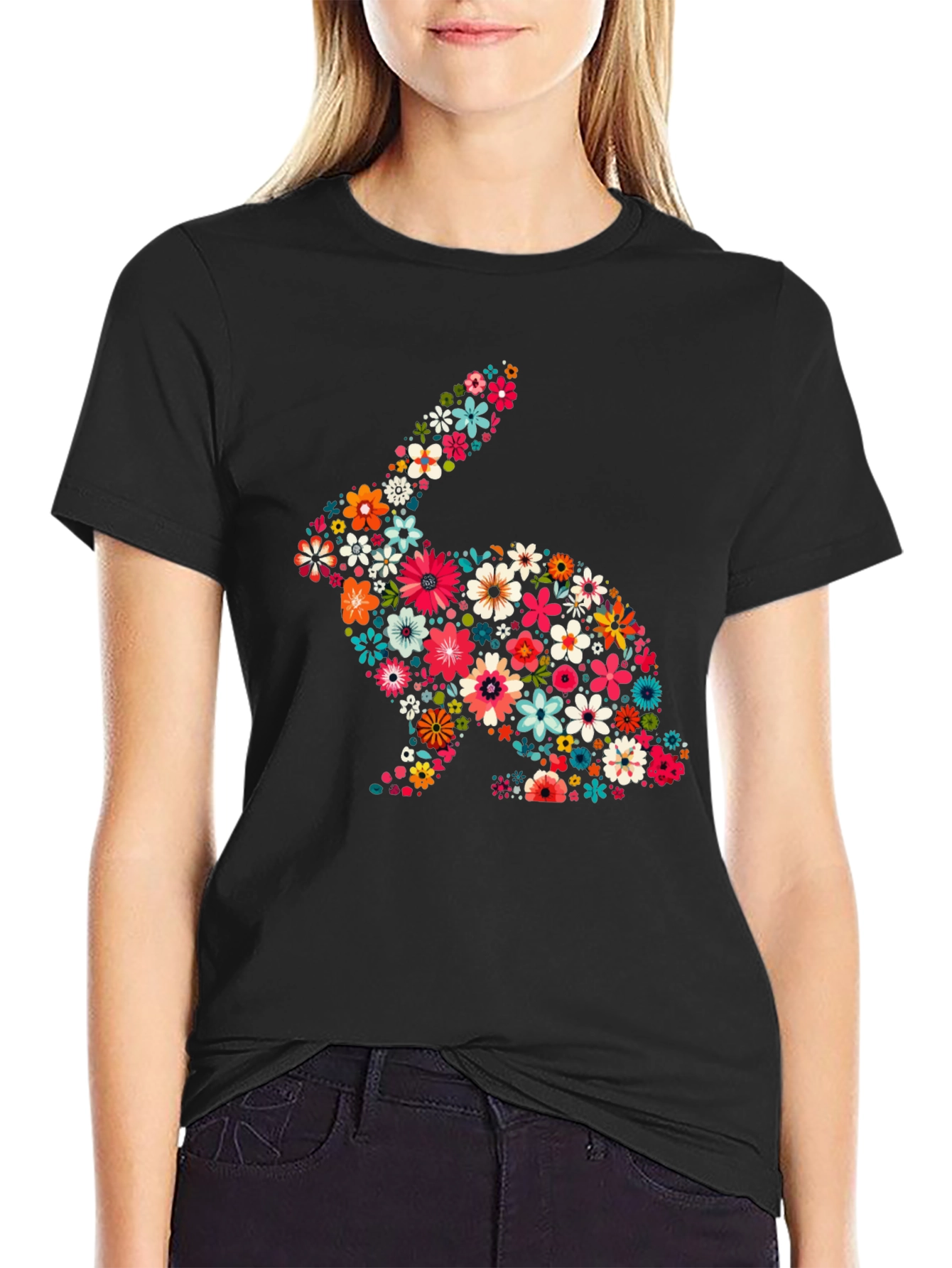 Black Floral Rabbit Graphic Tee - Cute Easter Shirt view 2