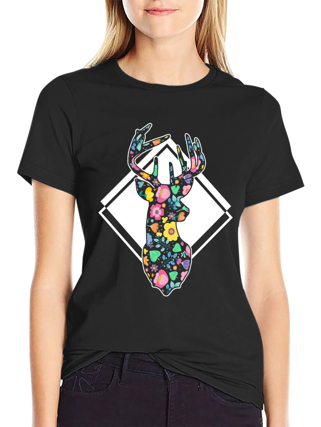 Black Floral Deer Graphic Tee - Black Cotton Blend view 2