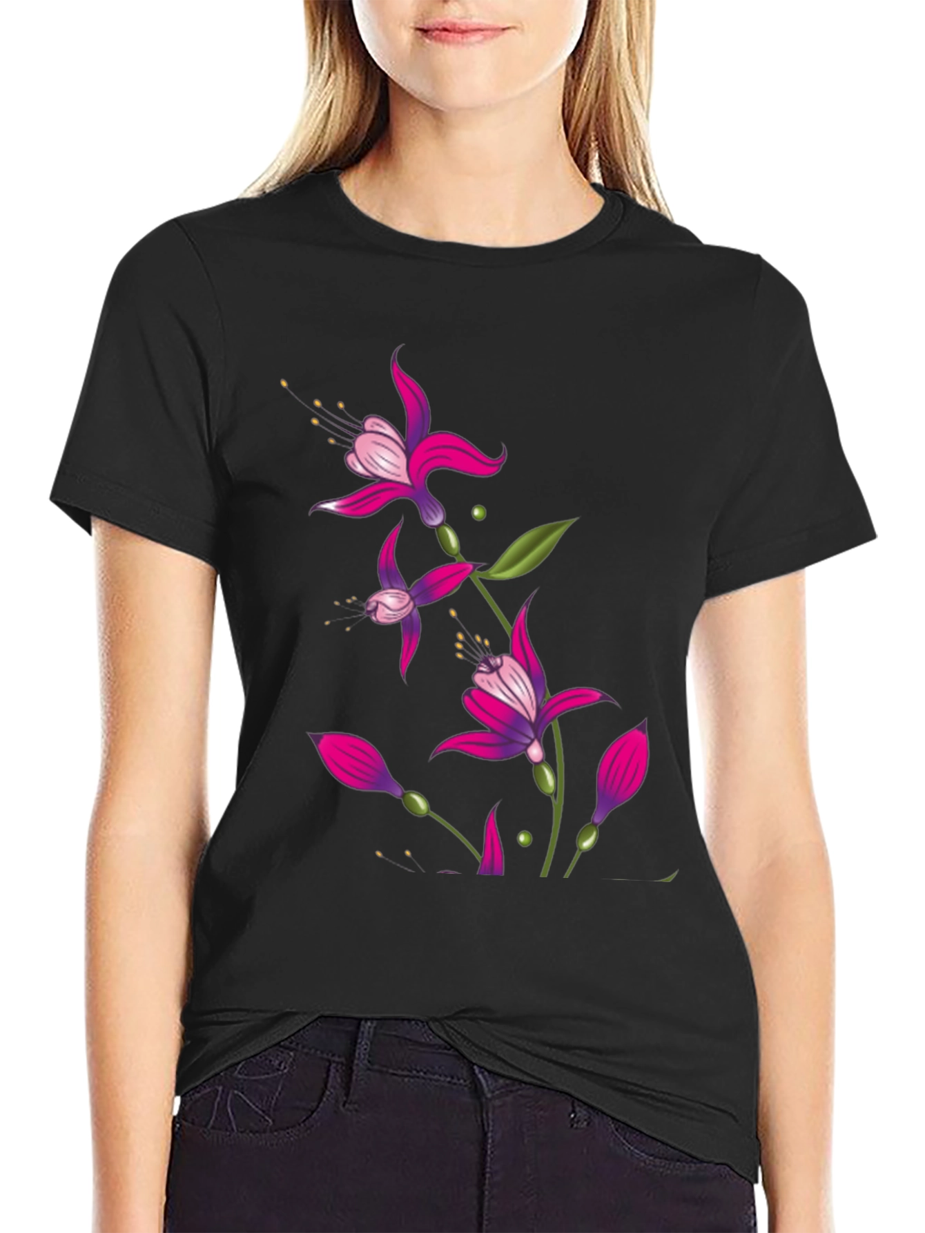 Black Floral Print Black T-Shirt view 2