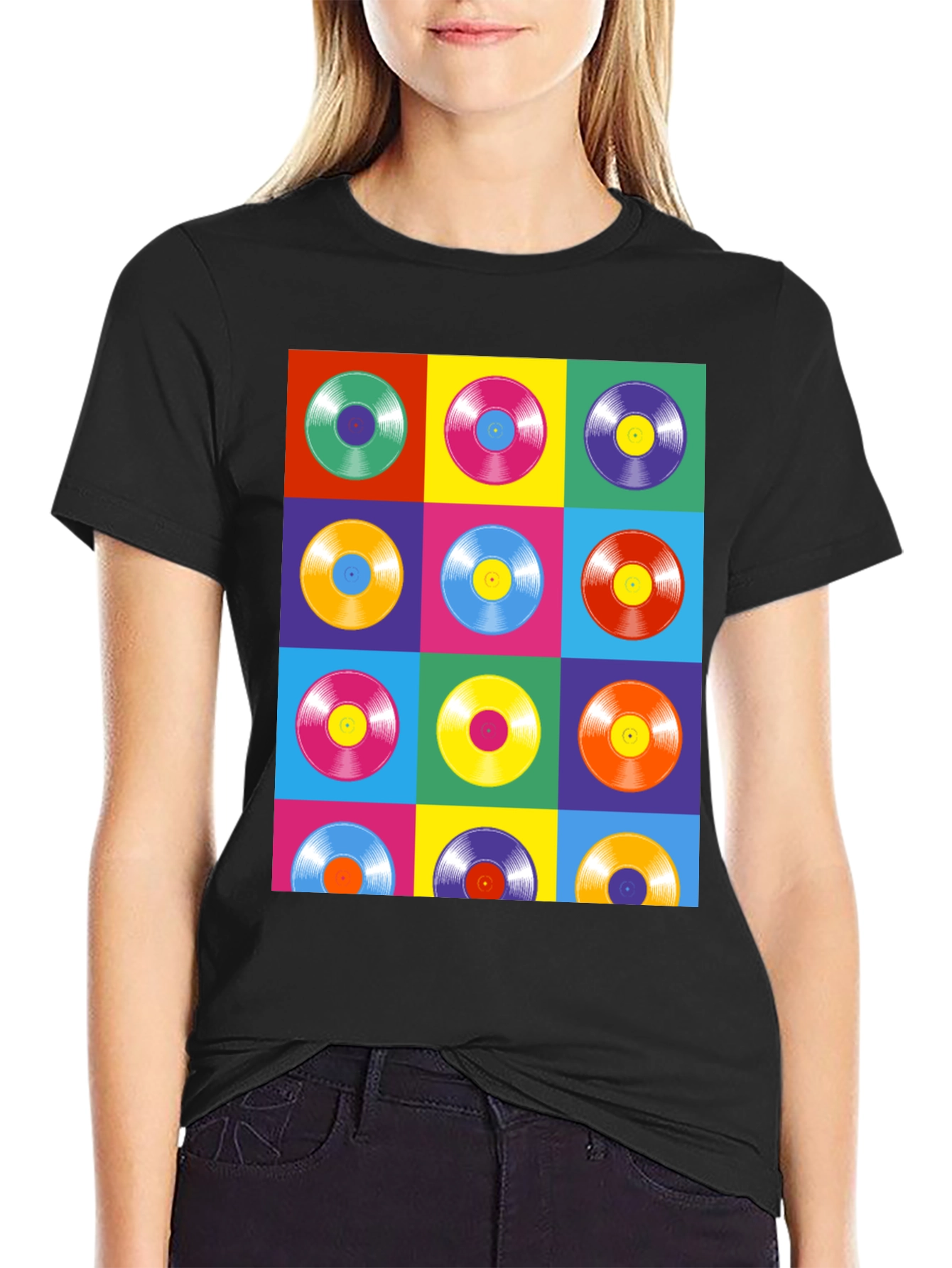 Black Retro Vinyl Record Pop Art T-Shirt view 2