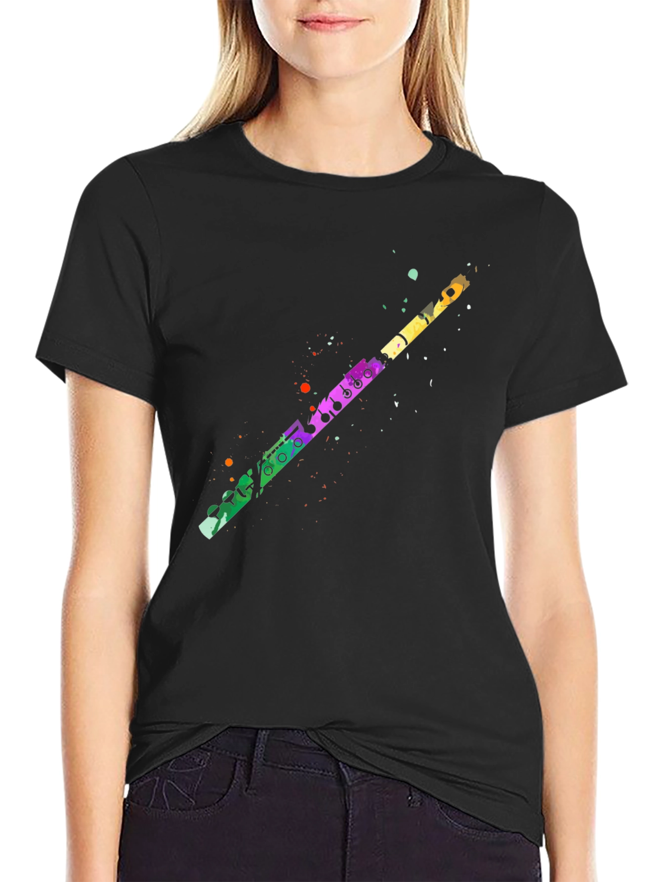Black Colorful Flute Graphic Tee - Unisex Black T-Shirt view 2
