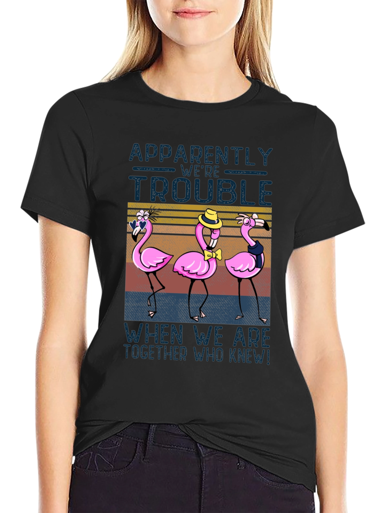 Black Funny Flamingo Trouble T-Shirt - Novelty Design view 2
