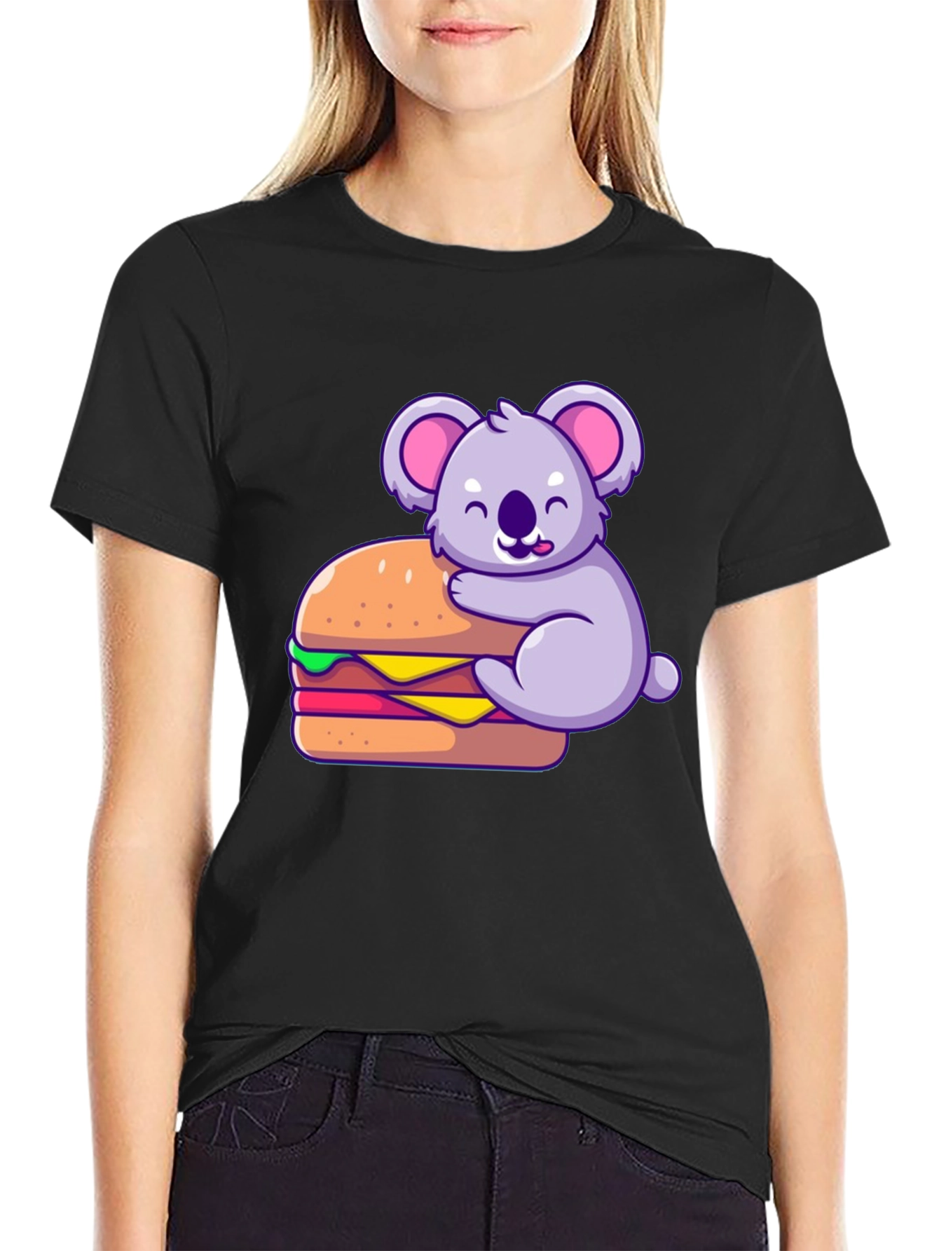 Black Koala Hugging Burger Graphic T-Shirt - Black view 2