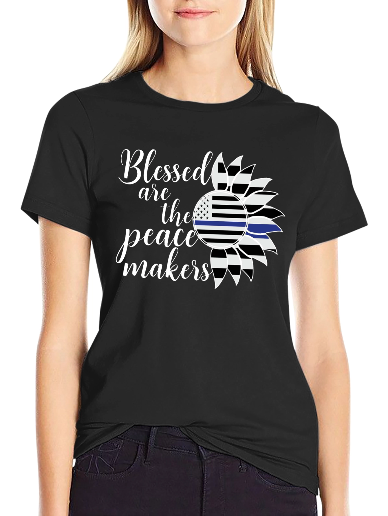 Black Blessed Peacemakers T-Shirt - Thin Blue Line Sunflower view 2