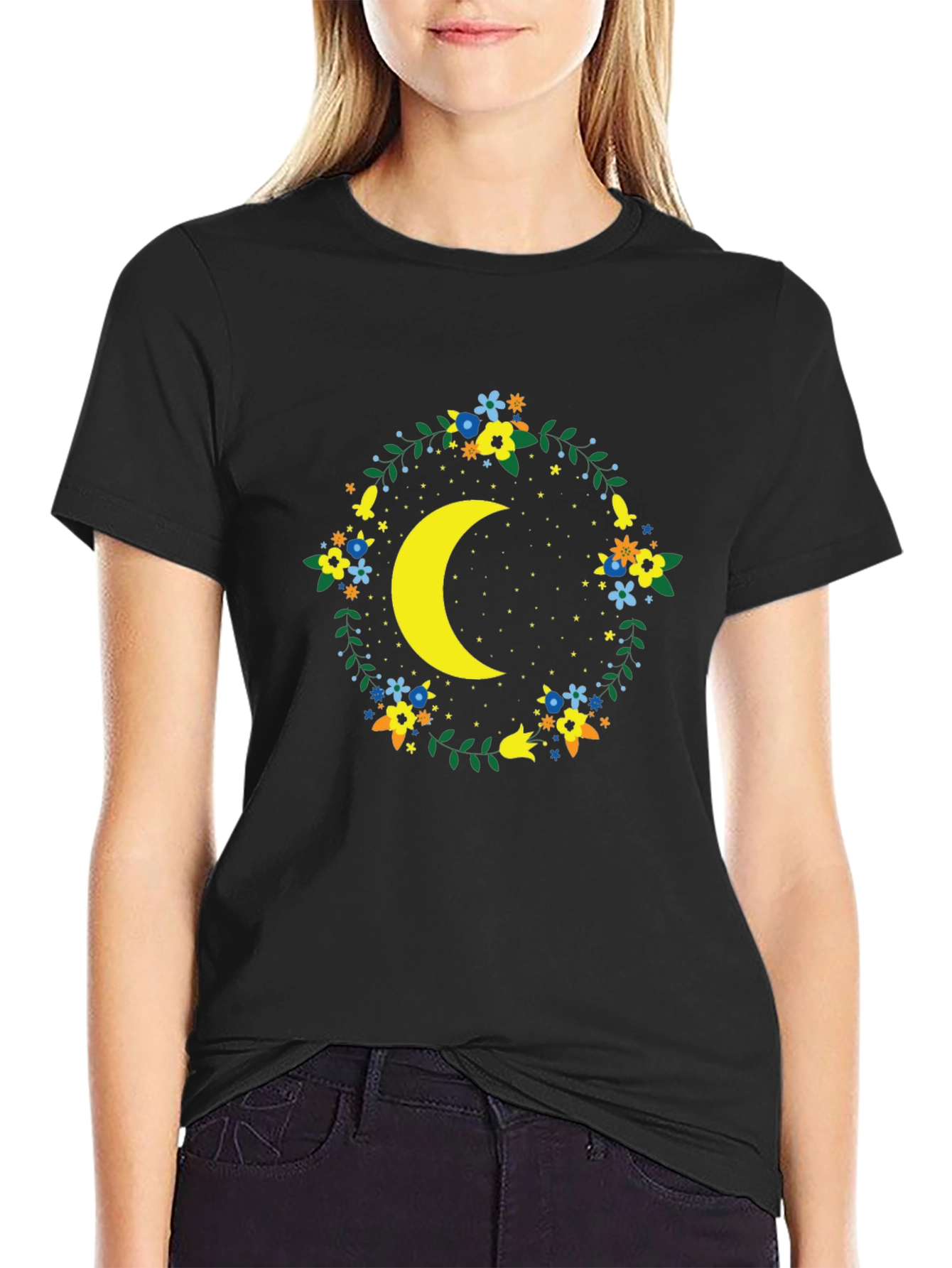 Black Floral Crescent Moon Graphic Tee - Black view 2