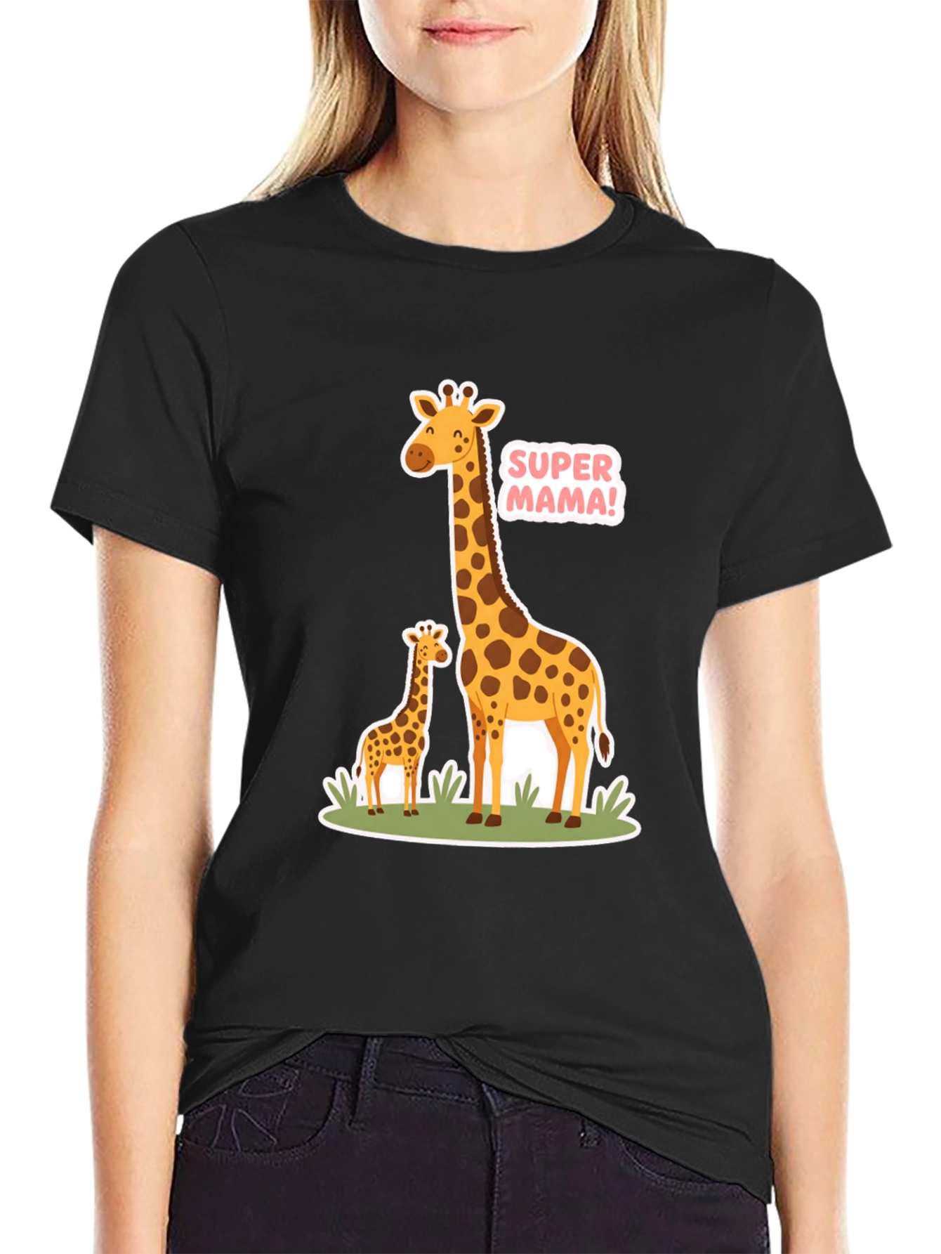 Black Super Mama Giraffe T-Shirt - Black Cotton Tee view 2