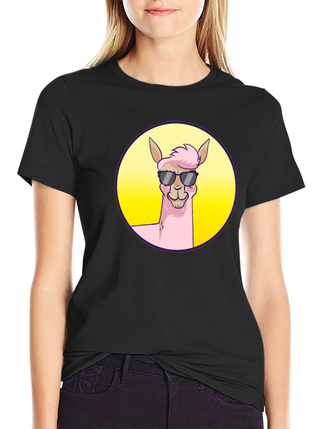 Black Cool Llama Graphic Tee - Black Unisex T-Shirt view 2