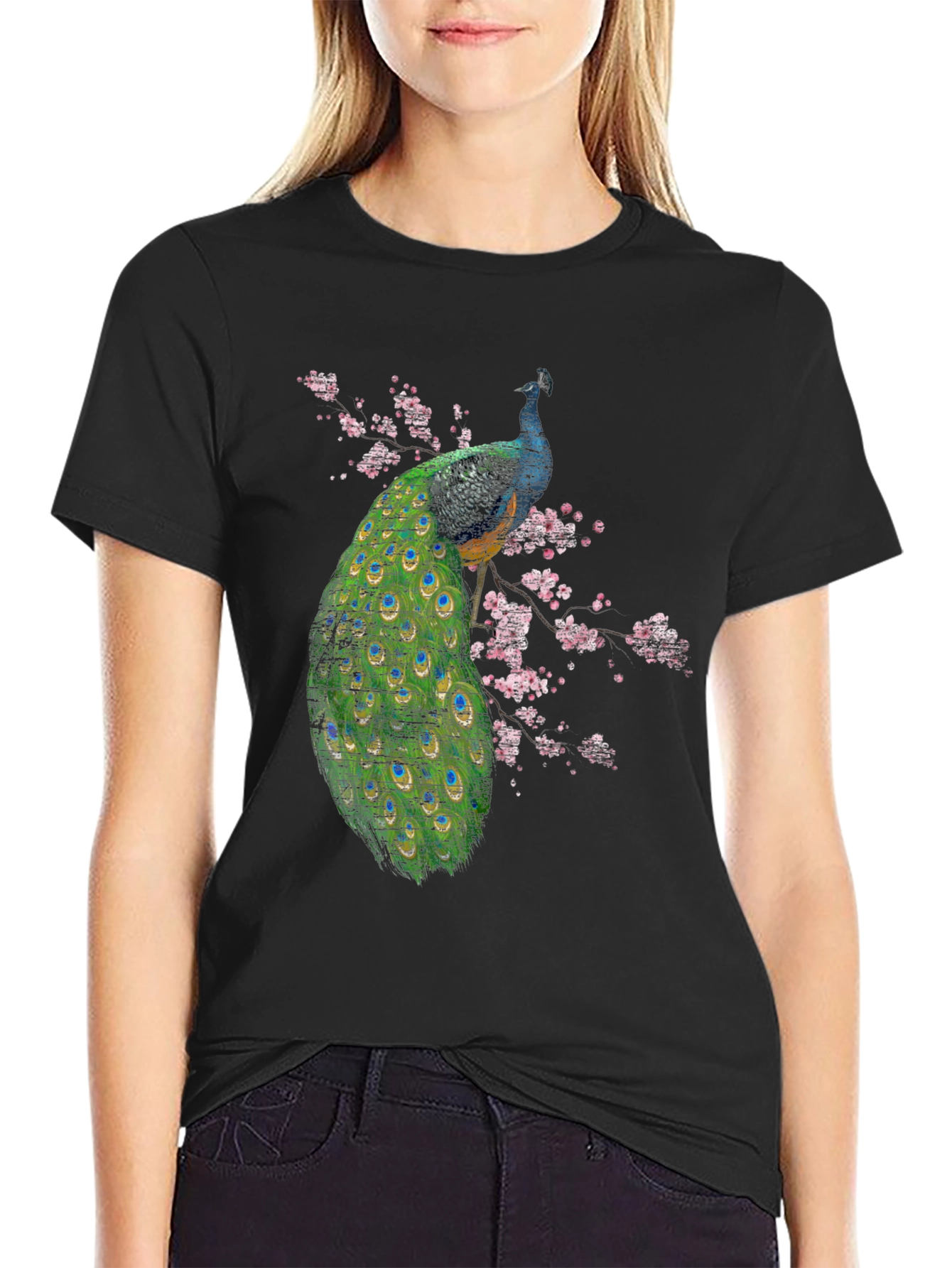 Black Peacock Blossom Graphic Black T-Shirt view 2