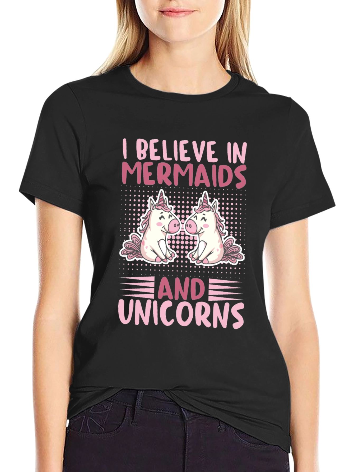 Black I Believe In Mermaids And Unicorns T-Shirt view 2