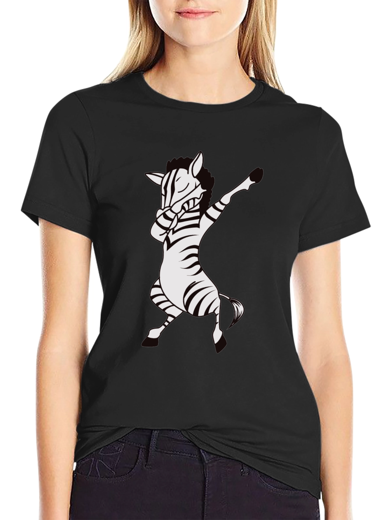 Black Dabbing Zebra T-Shirt - Black Cotton Tee view 2