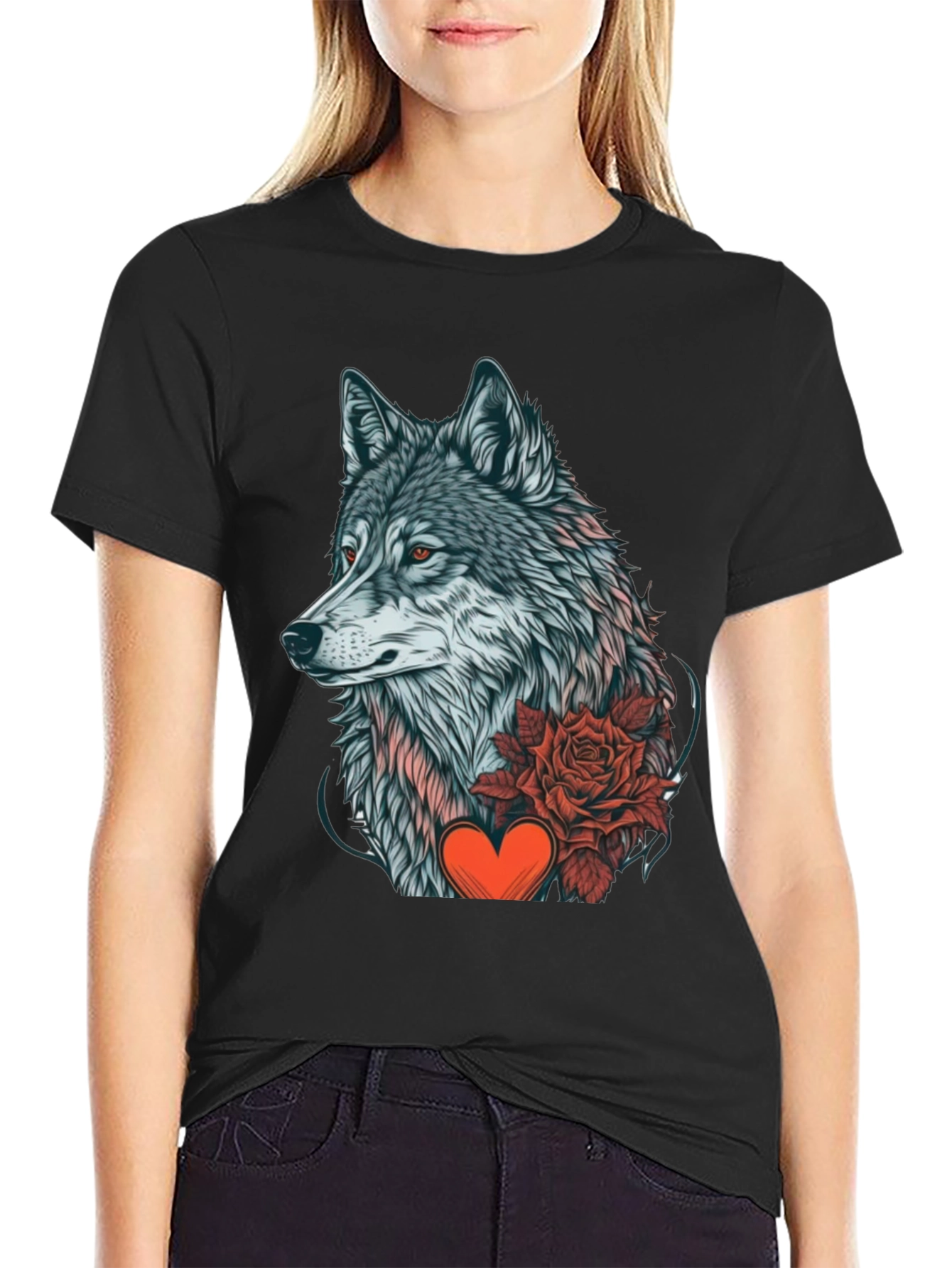 Black Wolf Rose Heart Graphic Black T-Shirt view 2