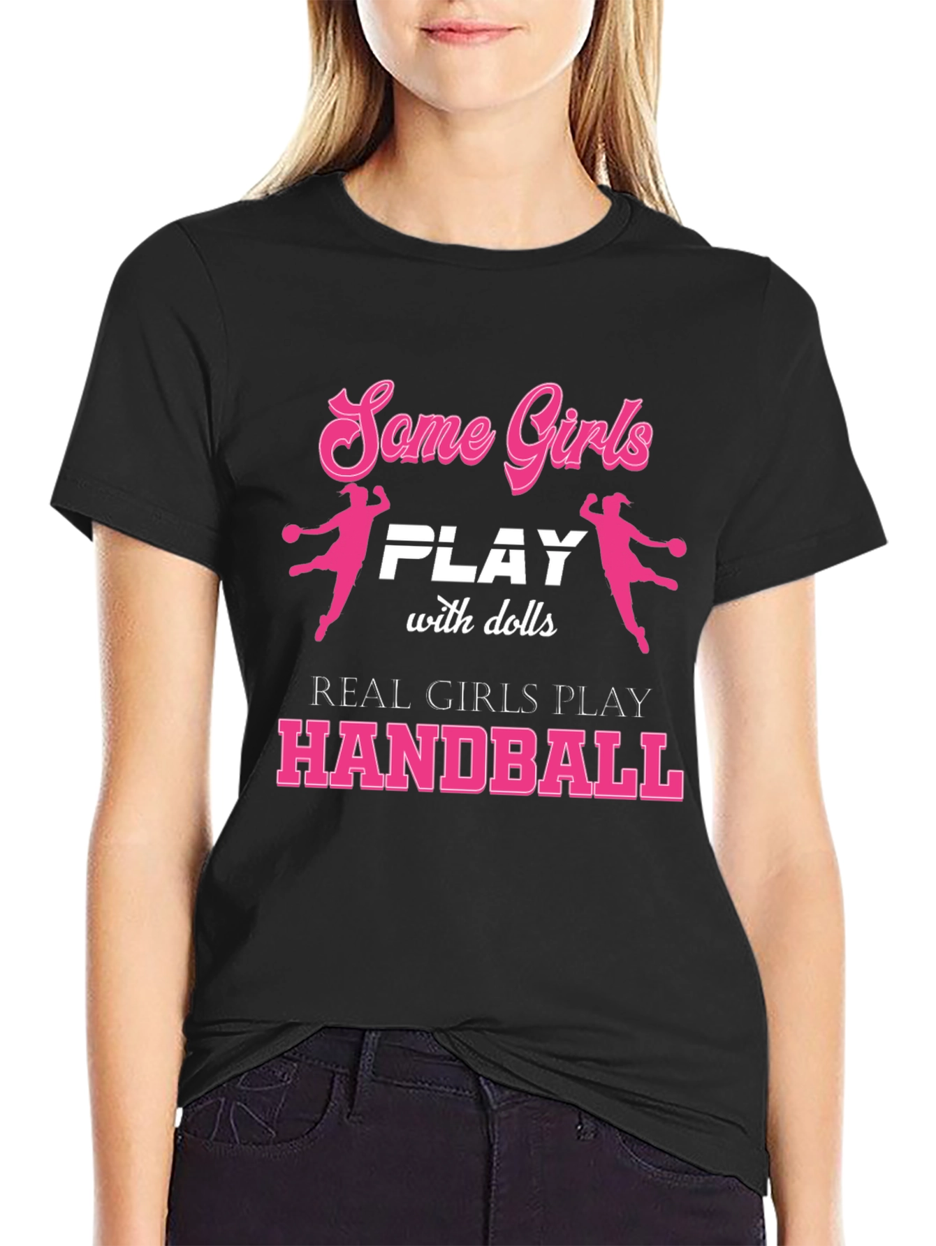 Black Handball Player Girls T-Shirt - Funny Sport Tee view 2