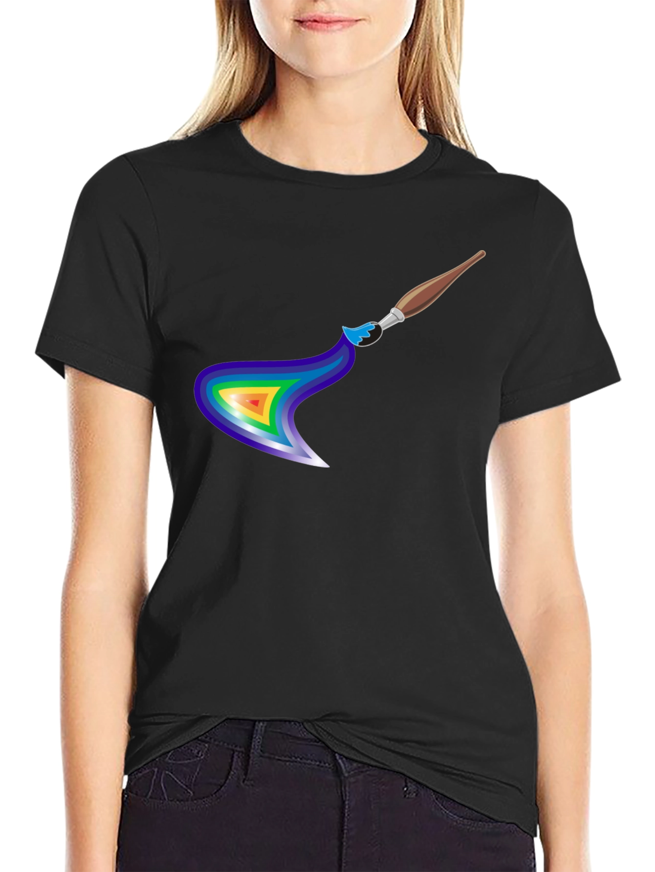 Black Rainbow Paintbrush Design T-Shirt view 2